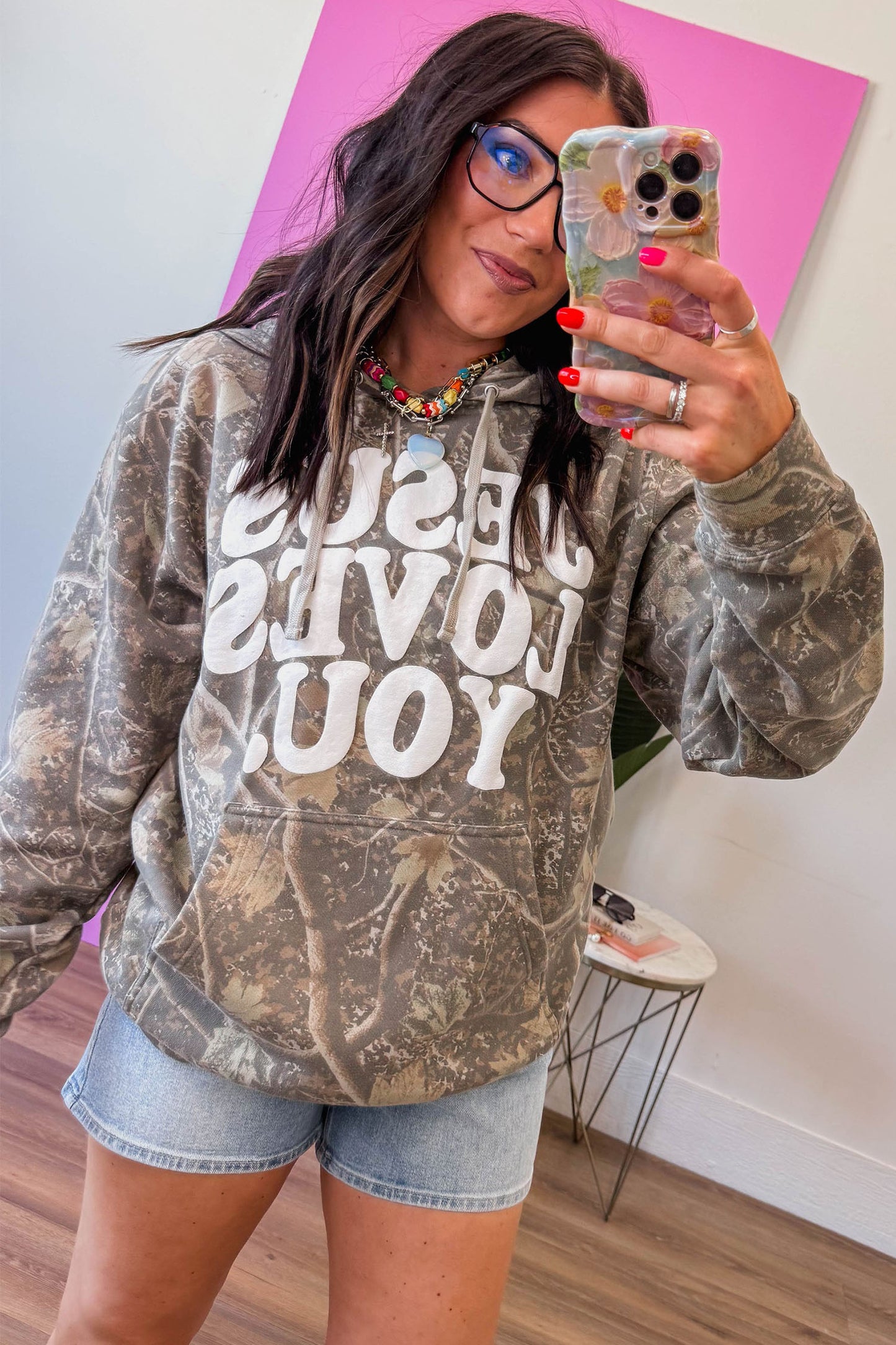 Brown Retro Camouflage Jesus Loves You Print Relaxed Hoodie