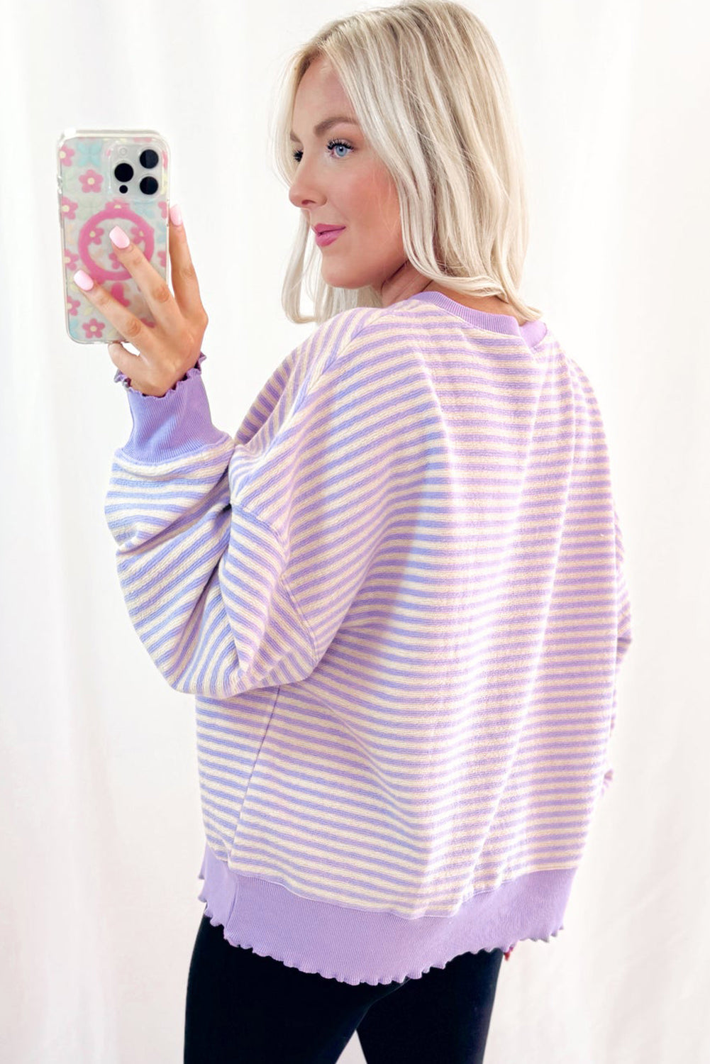 Pink Stripe Drop Shoulder Long Sleeve Top