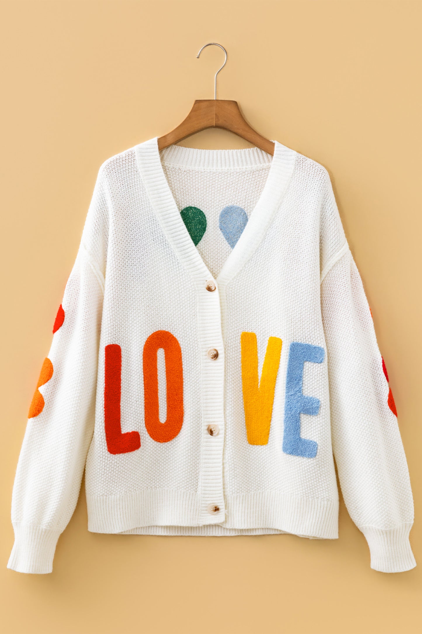 White V Neck Drop Shoulder Button Up Slogan Knit Cardigan