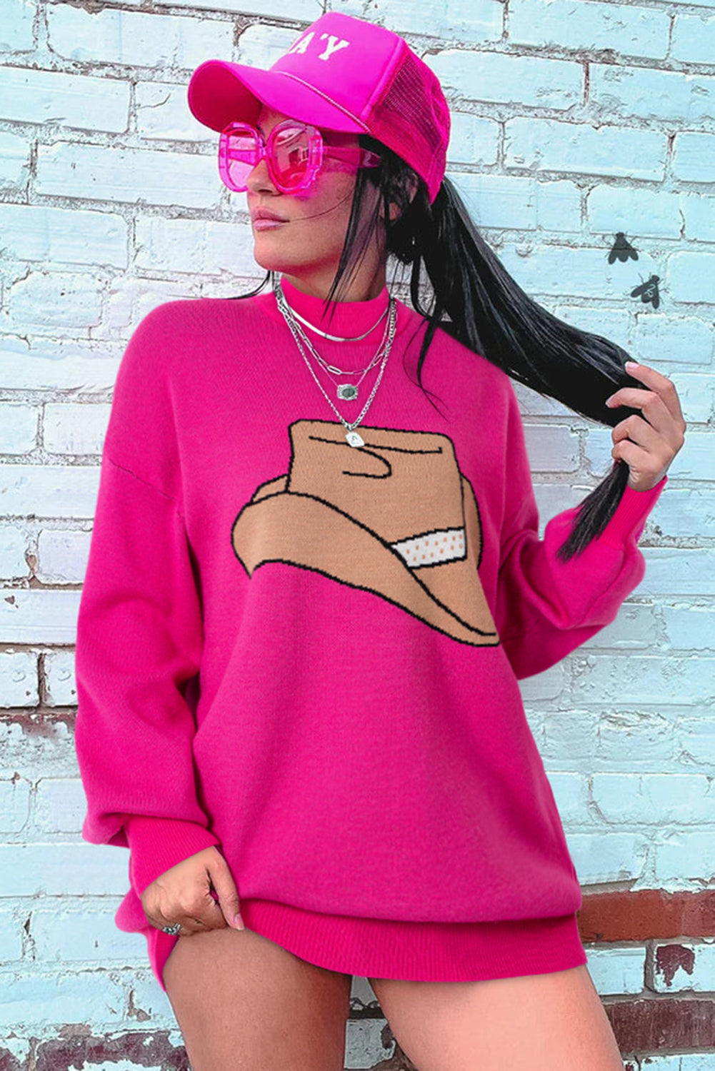 Rose Red YEEHAW Cowboy Hat Drop Shoulder Oversized Sweater