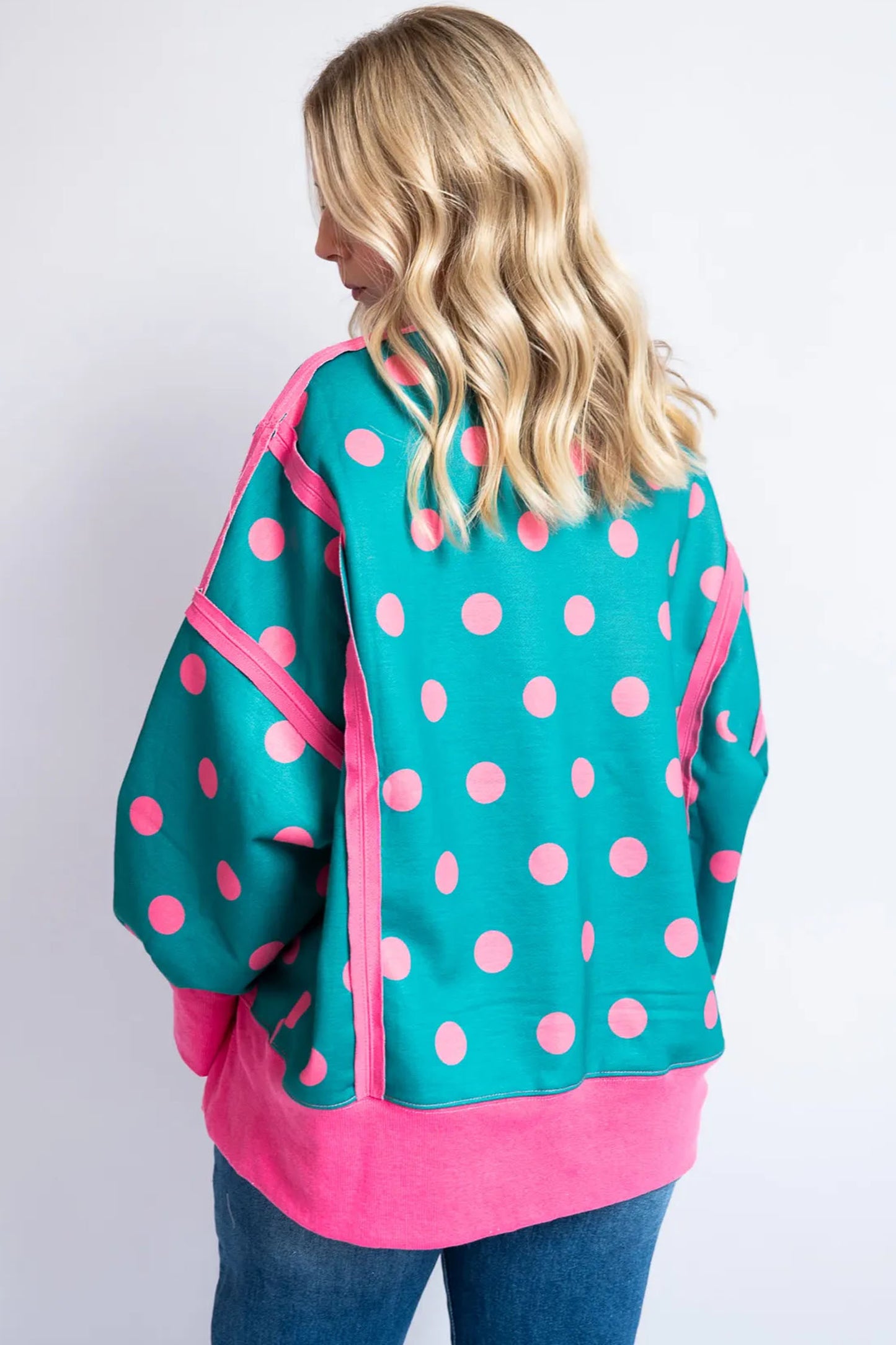 Blue Polka Dot Contrast Patchwork Round Neck Baggy Sweatshirt
