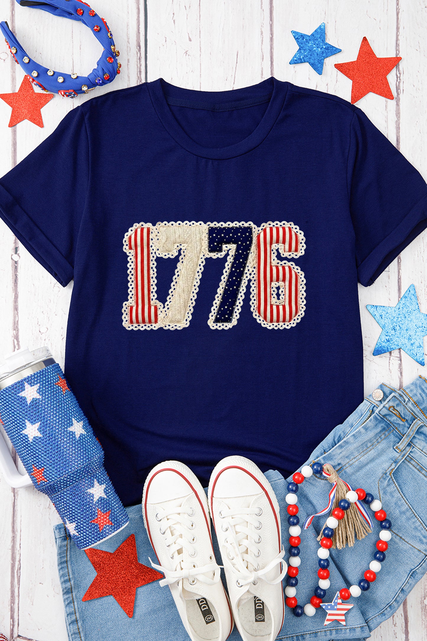 Blue 1776 Faux Patchwork Printed T Shirt