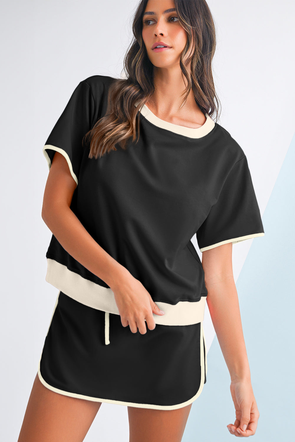 Black Colorblock Edge Drop Shoulder T Shirt and Skort 2Pcs Set