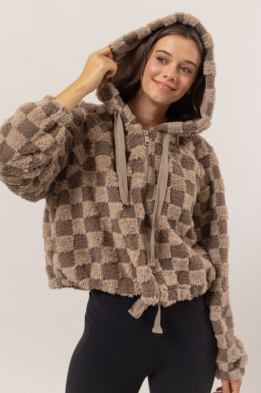 Sophia Sherpa Checkered Hooded Jacket