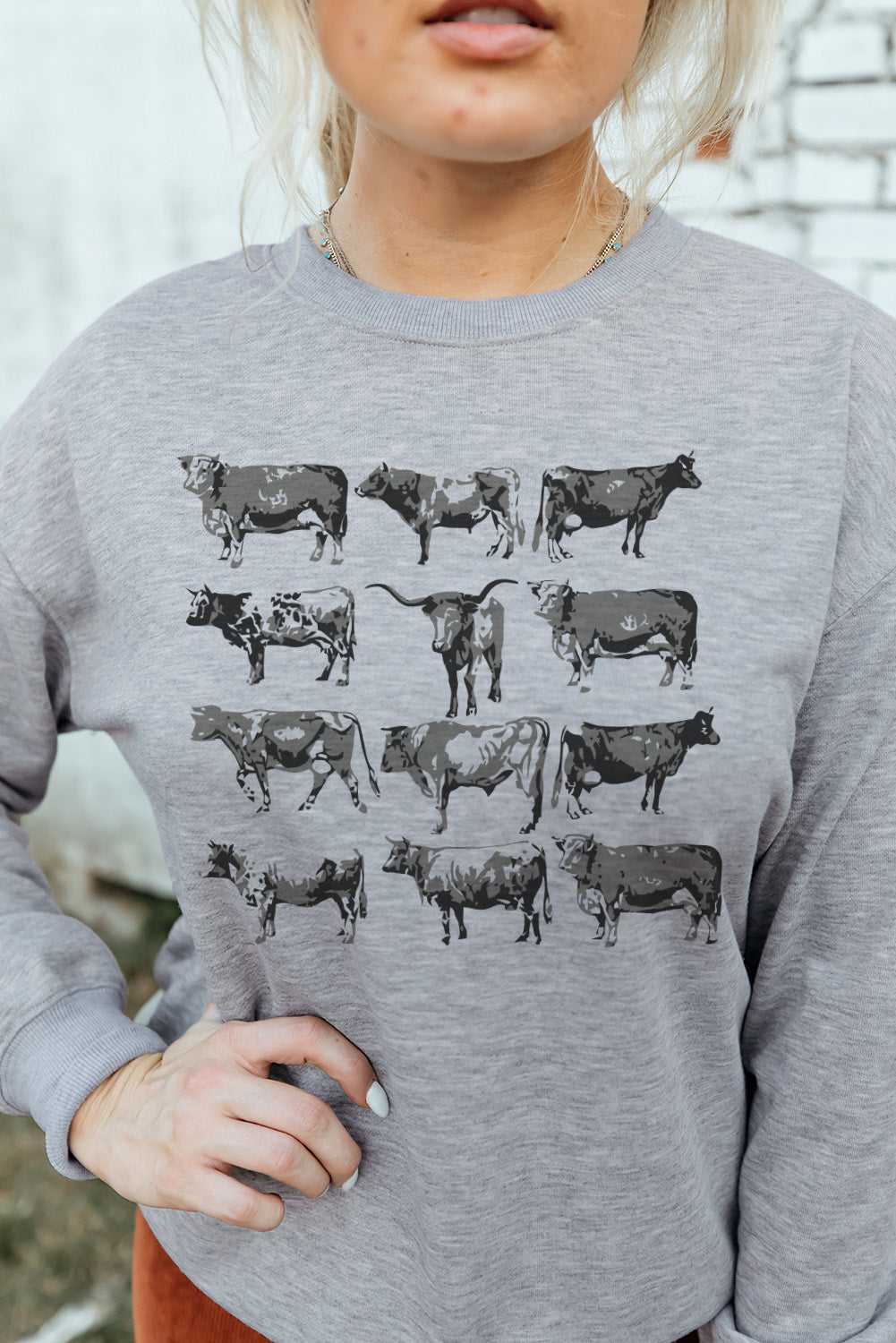 Grey Bull Print Graphic Long Sleeve Sweatshirt