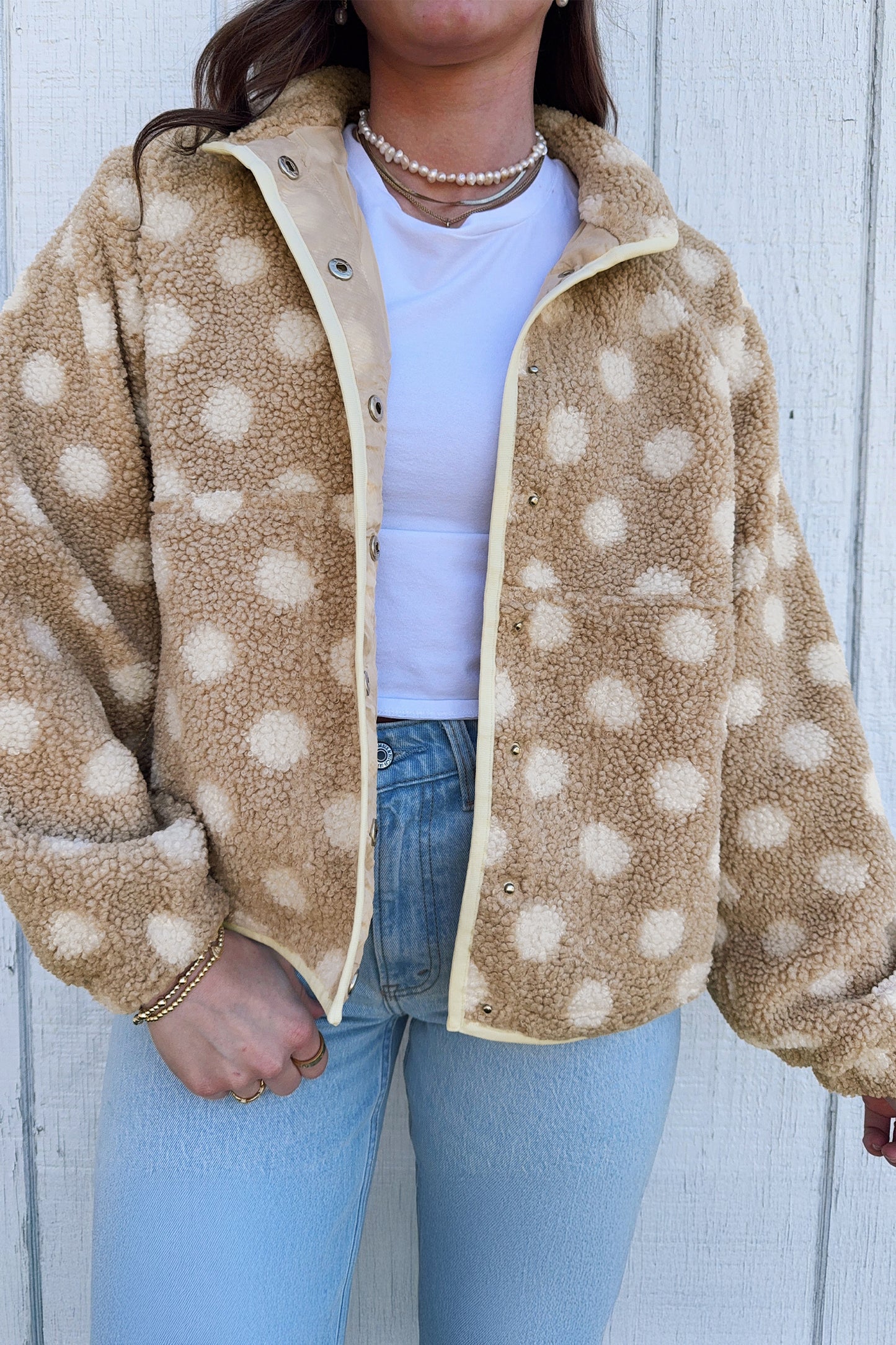 Khaki Polka Dot Faux Fur Metal Button Placket Shift Silhouette Jacket