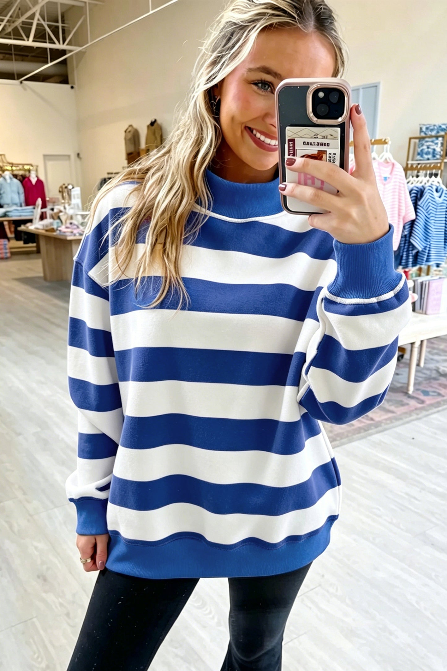 Rose Stripe Colorblock Mock Neck Relaxed Sweatshirt