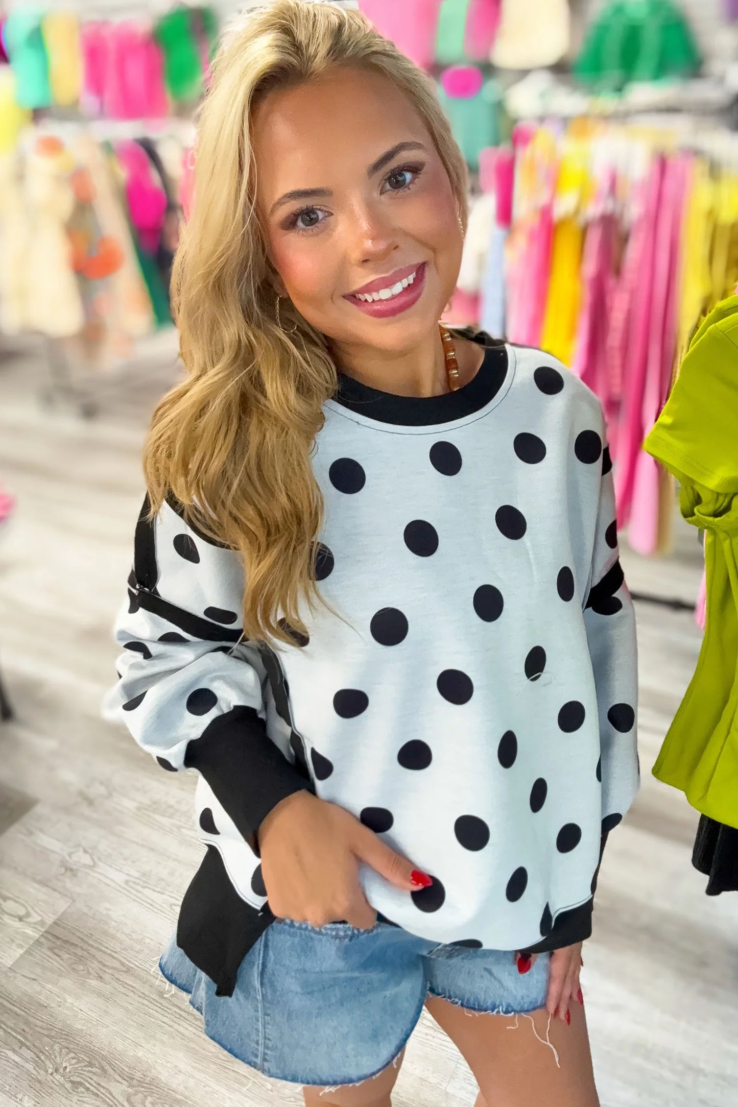 White Polka Dot Contrast Patchwork Round Neck Baggy Sweatshirt