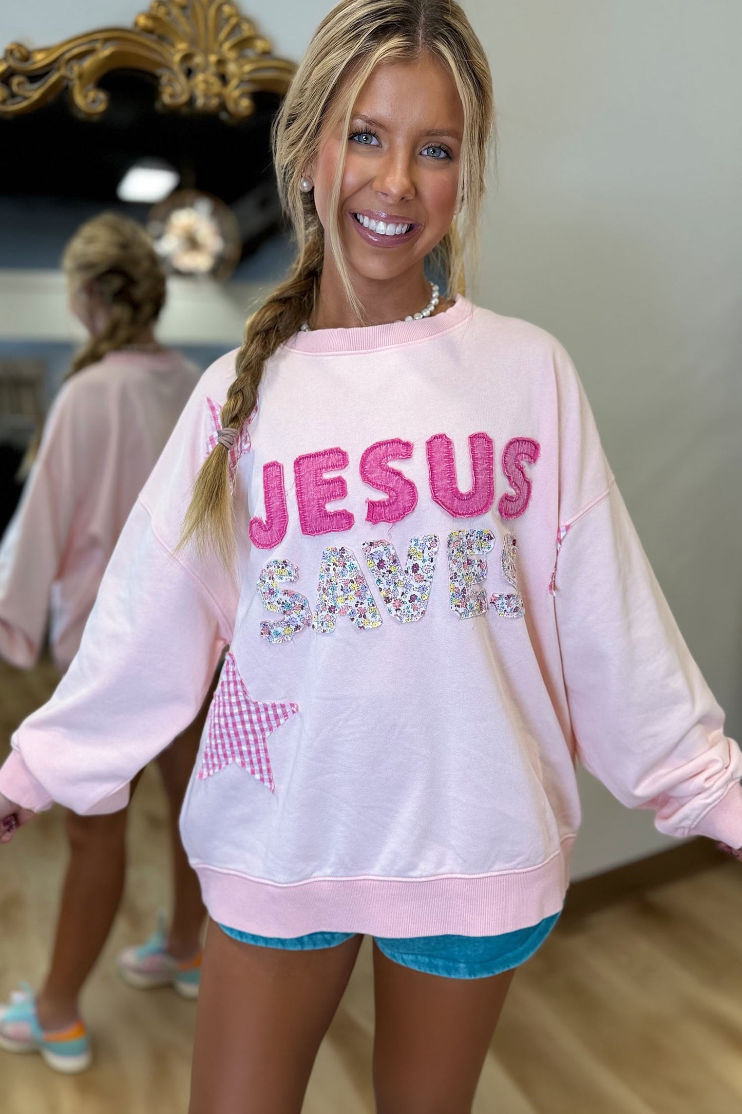 Pink Patchwork Stars Plaid Unique Floral Letters Baggy Sweatshirt