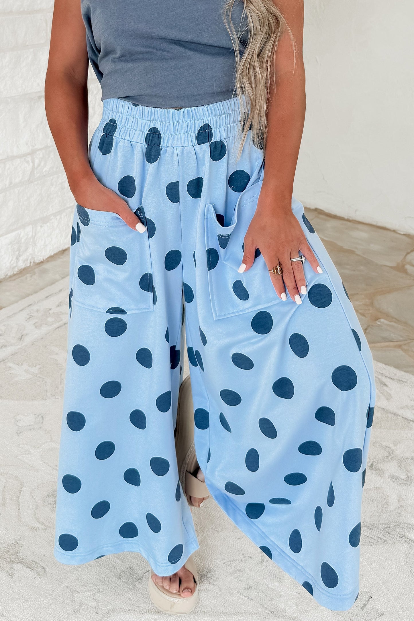 Sky Blue Polka Dot Elastic Waist Pocketed Wide Leg Pants pre order