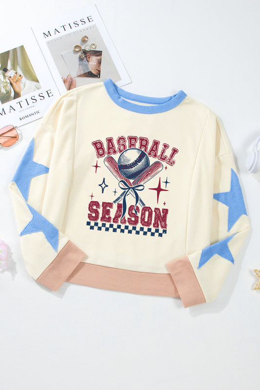 Beige BASEBALL SEASON Graphic Star Heat Transfer Printing Game Day Sweatshirt