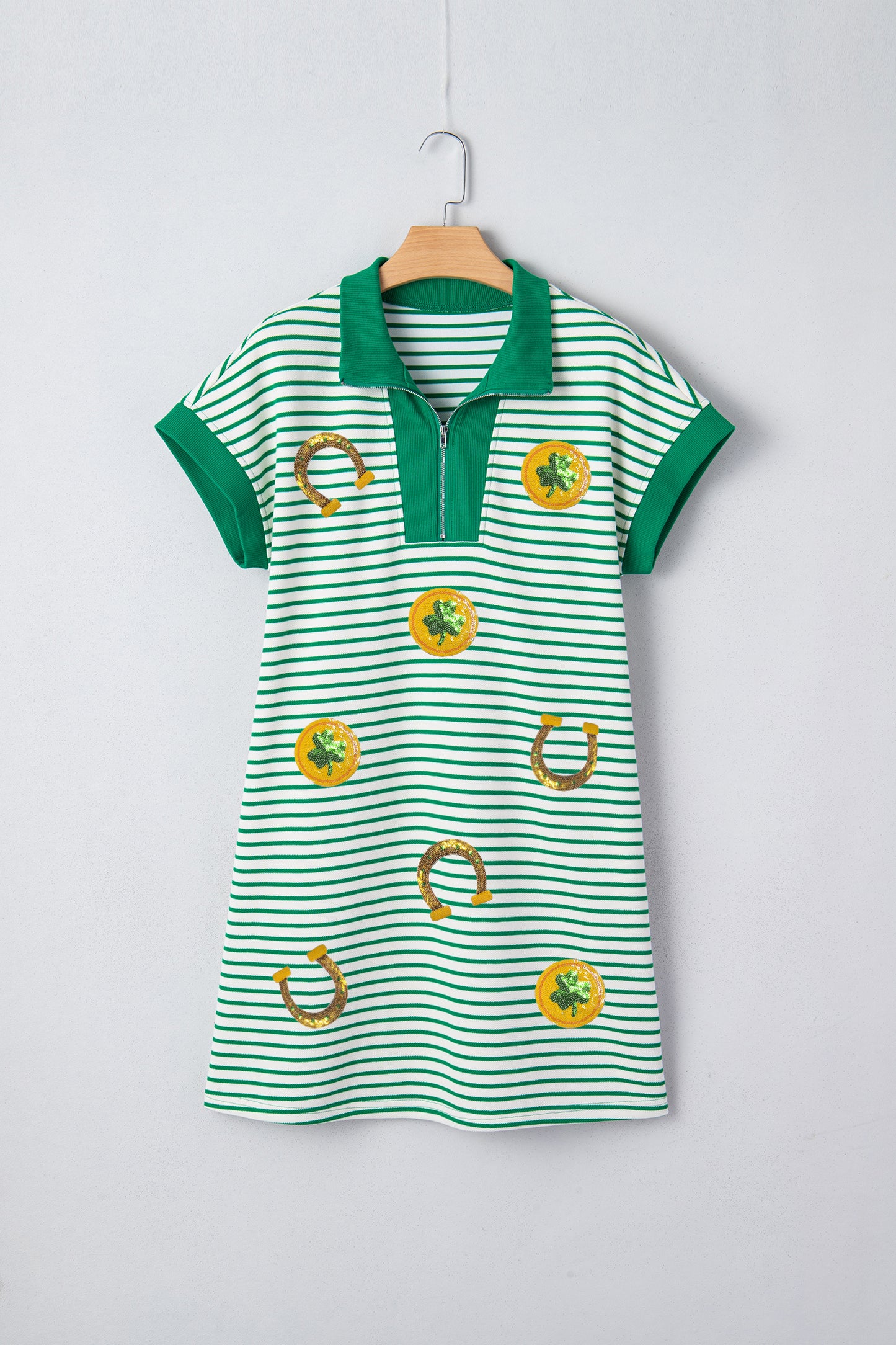 Green Stripe Sequin Clover Coin Horseshoe St Patricks Polo Tee Dress