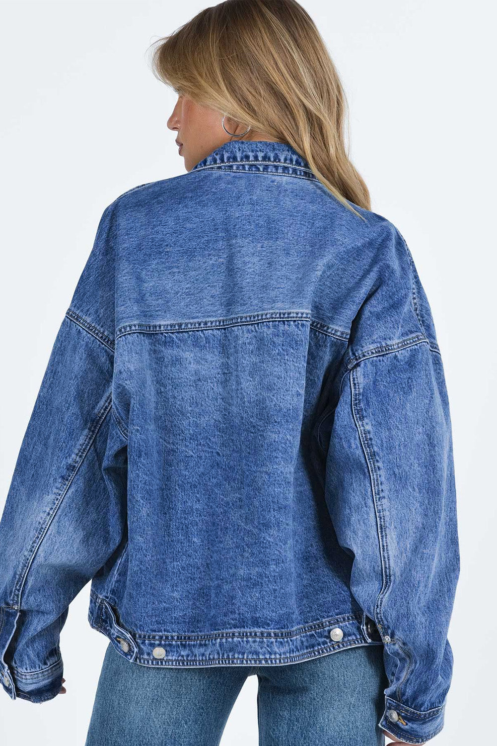 Gray Chest Pockets Drop Shoulder Loose Denim Jacket