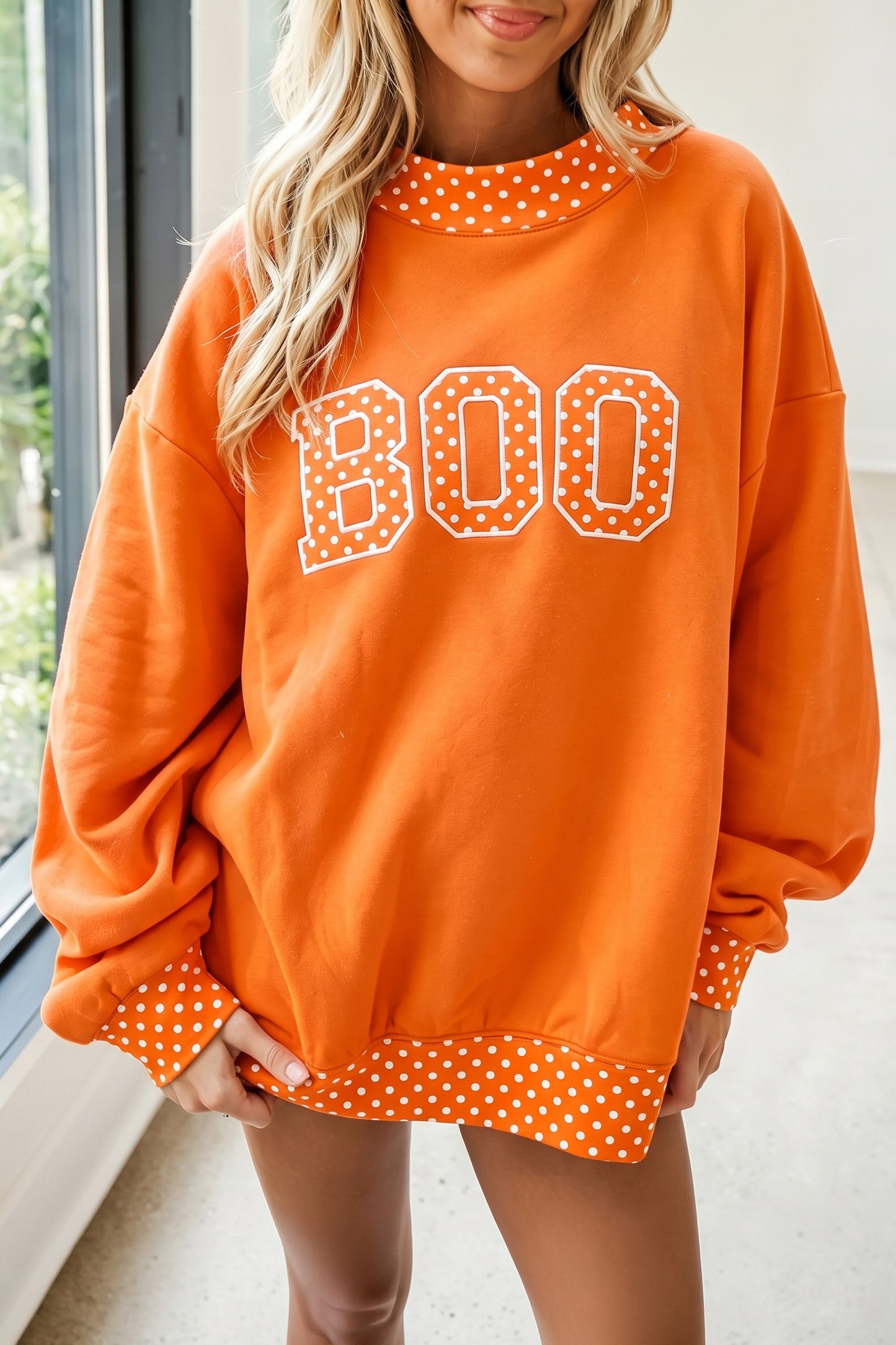 Grapefruit Orange Polka Dot Letter Print Contrast Trim Mock Neck Sweatshirt