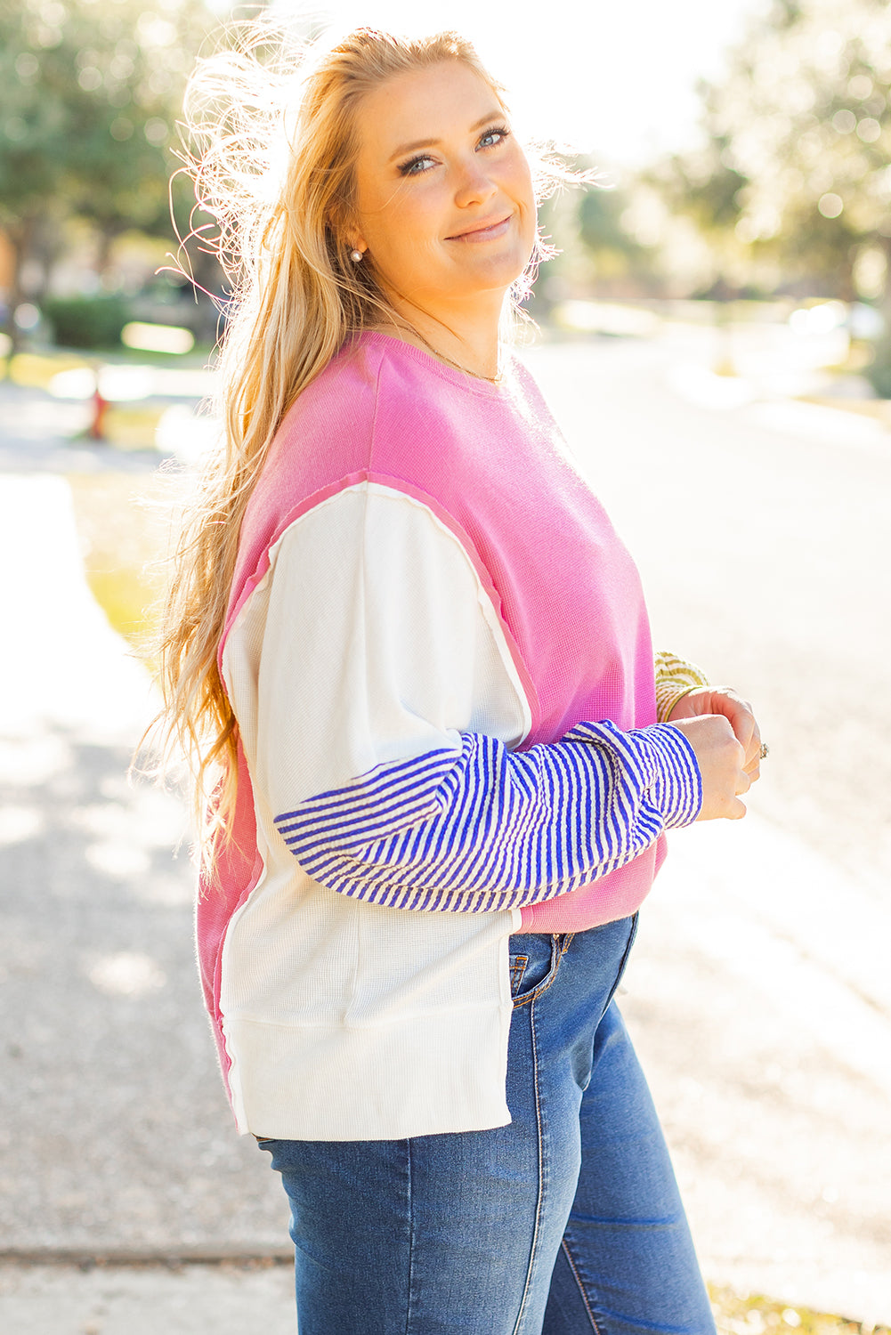 Striped Puff Sleeve Plus Size Top