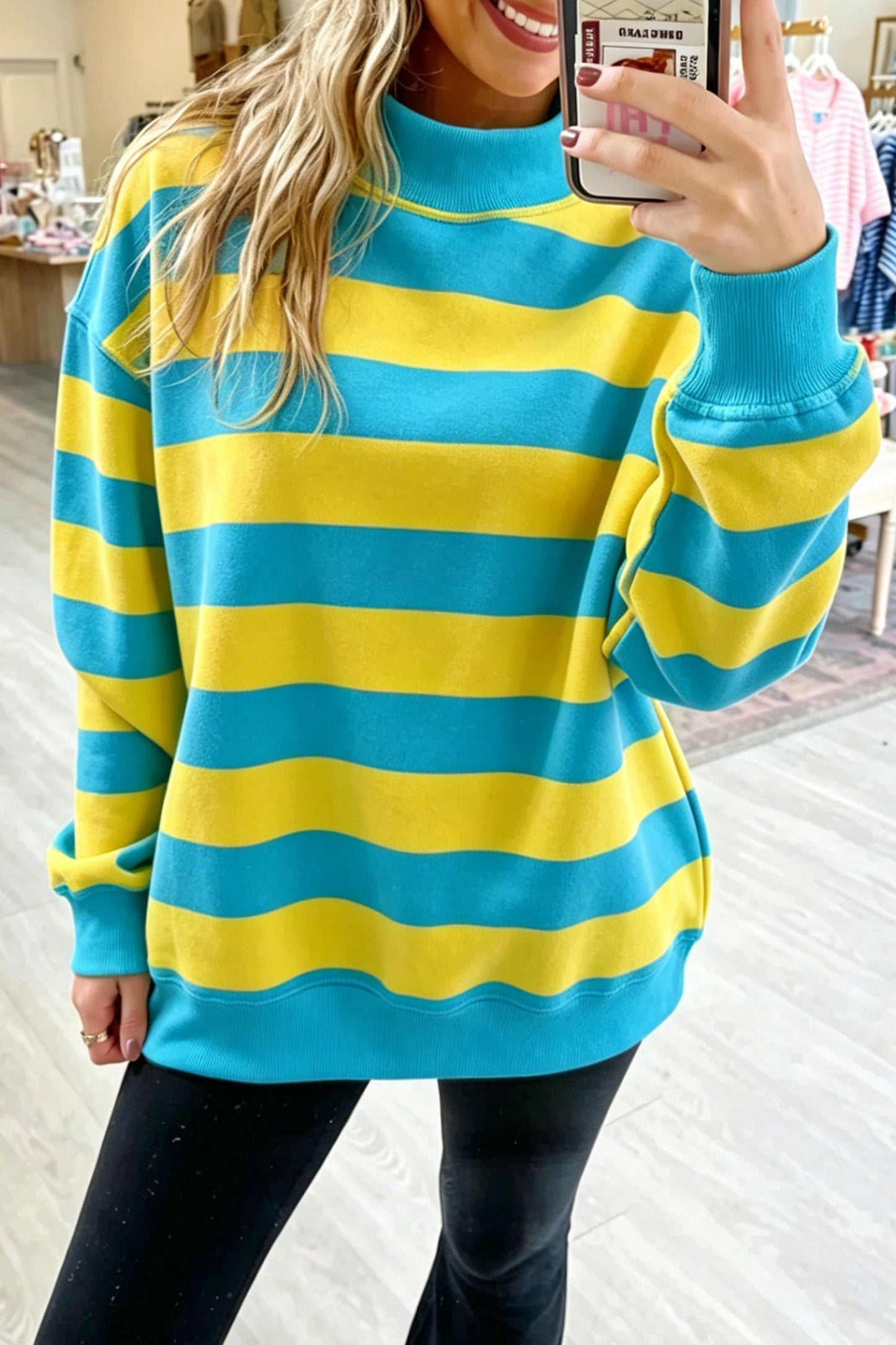 Rose Stripe Colorblock Mock Neck Relaxed Sweatshirt