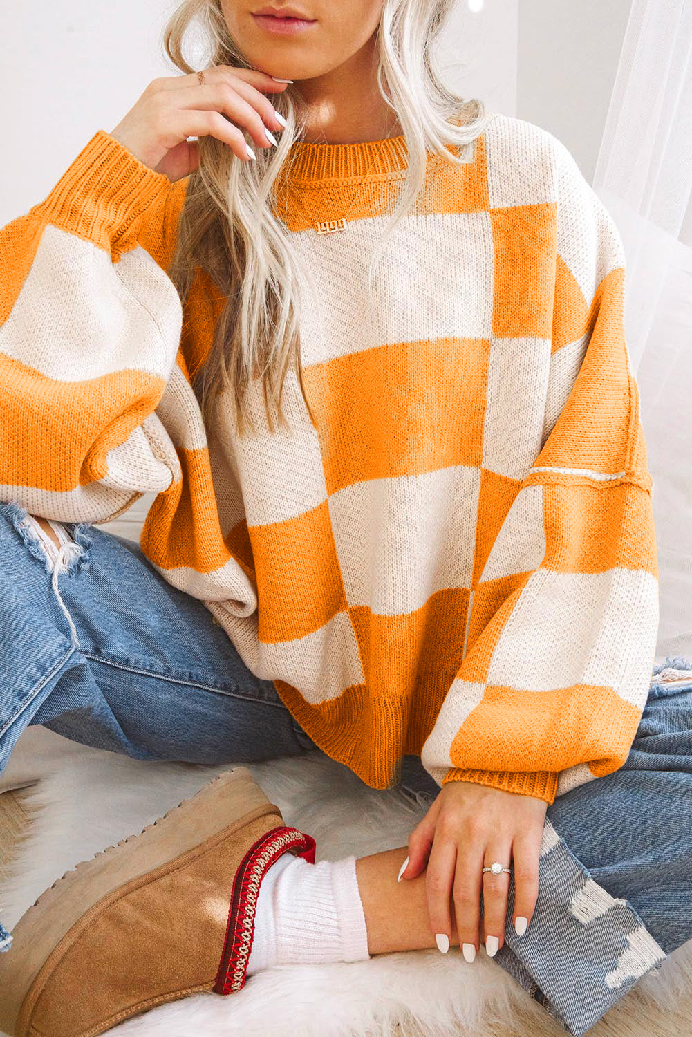 Rosy Checkered Bishop Sleeve Sweater