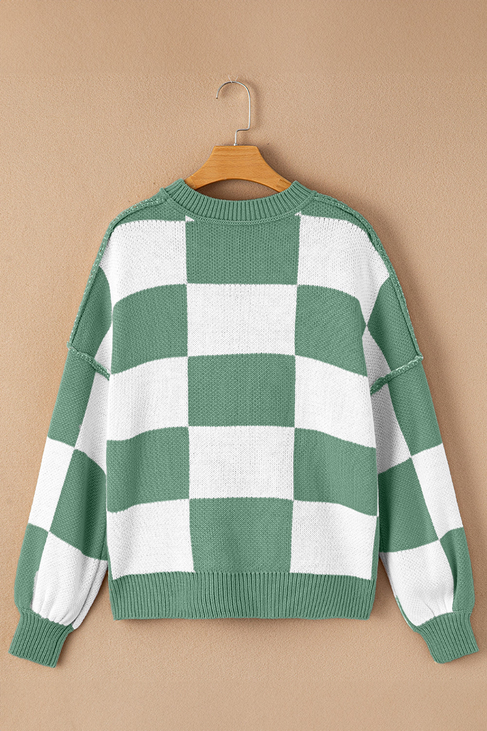 Rosy Checkered Bishop Sleeve Sweater