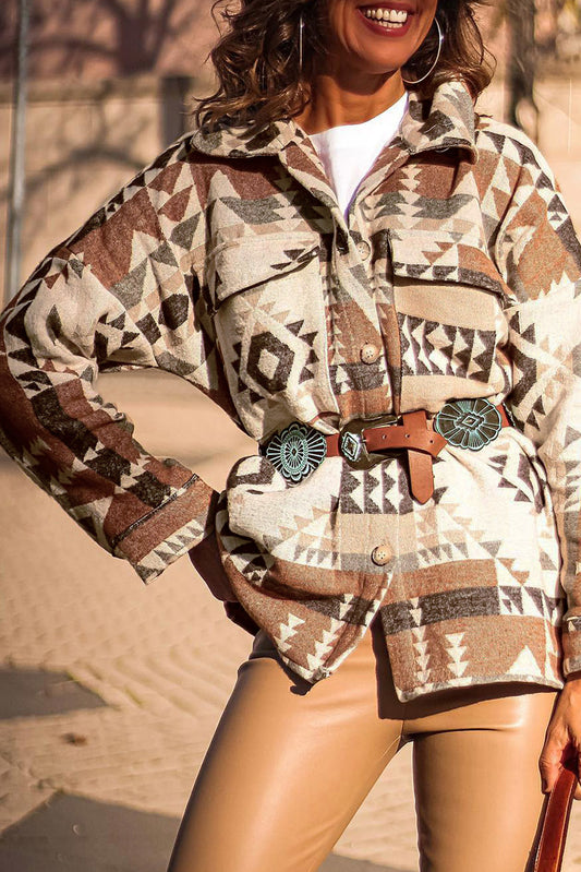 Brown Geometric Print Flap Pocket Jacket