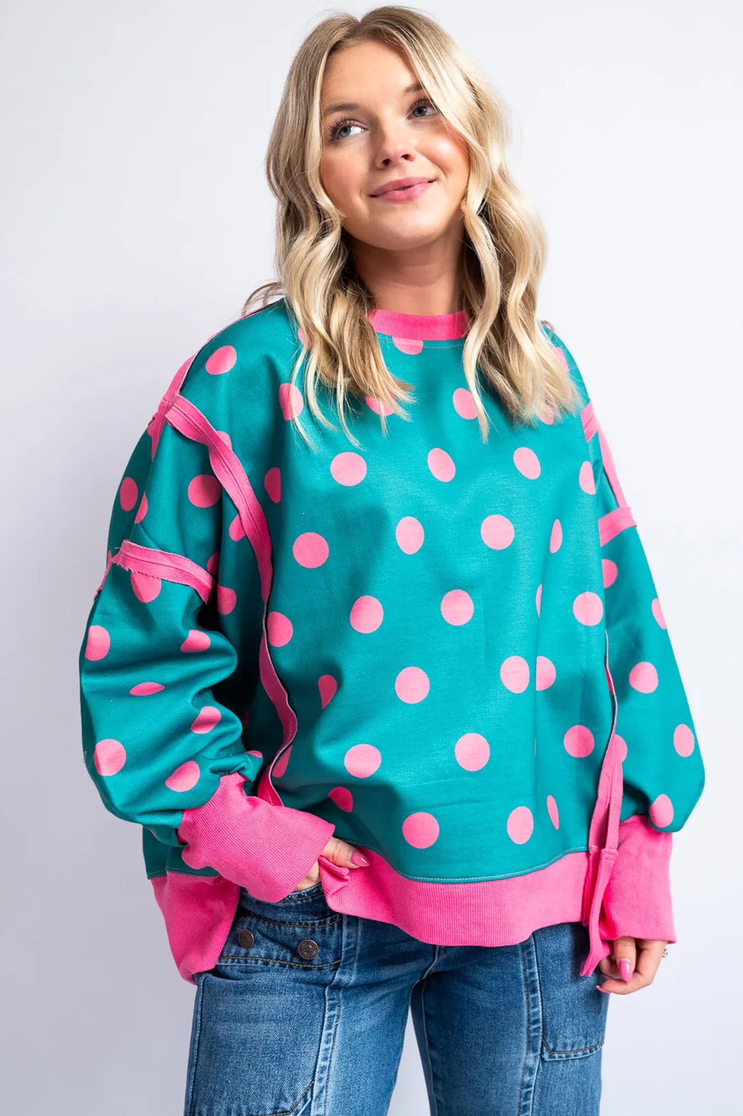 Blue Polka Dot Contrast Patchwork Round Neck Baggy Sweatshirt
