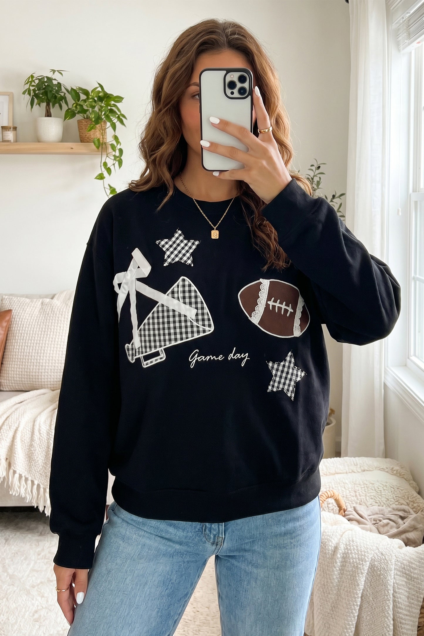 Black Gingham Patch Embroidered Rugby Game Day Stars Sweatshirt
