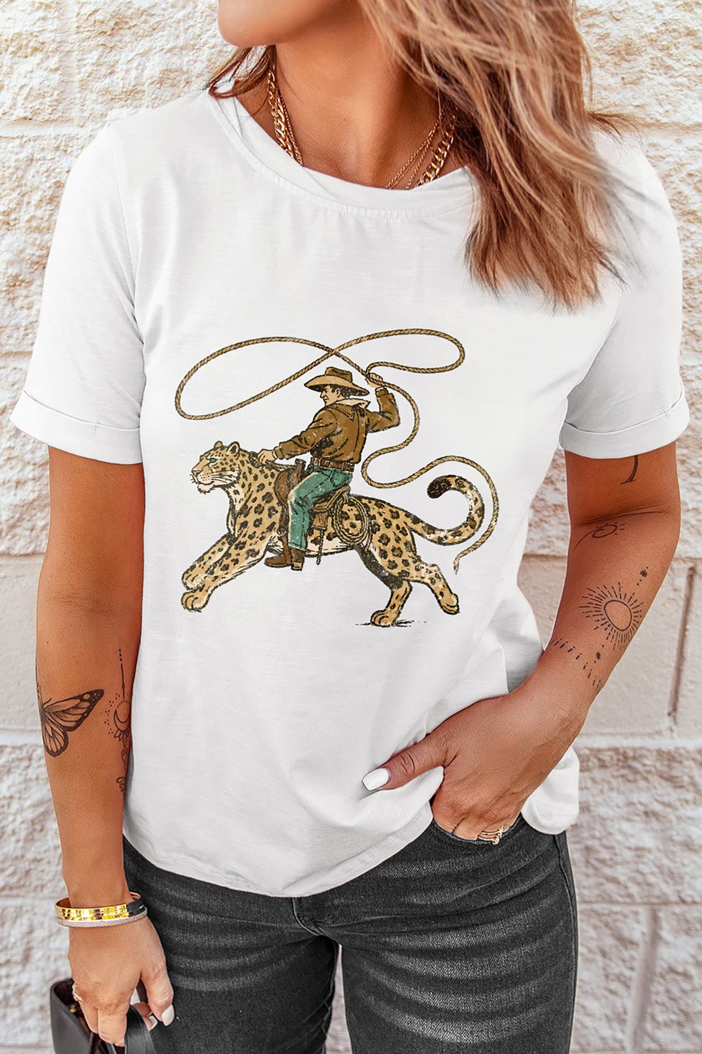White Leopard Rodeo Cowboy Graphic Casual Tee