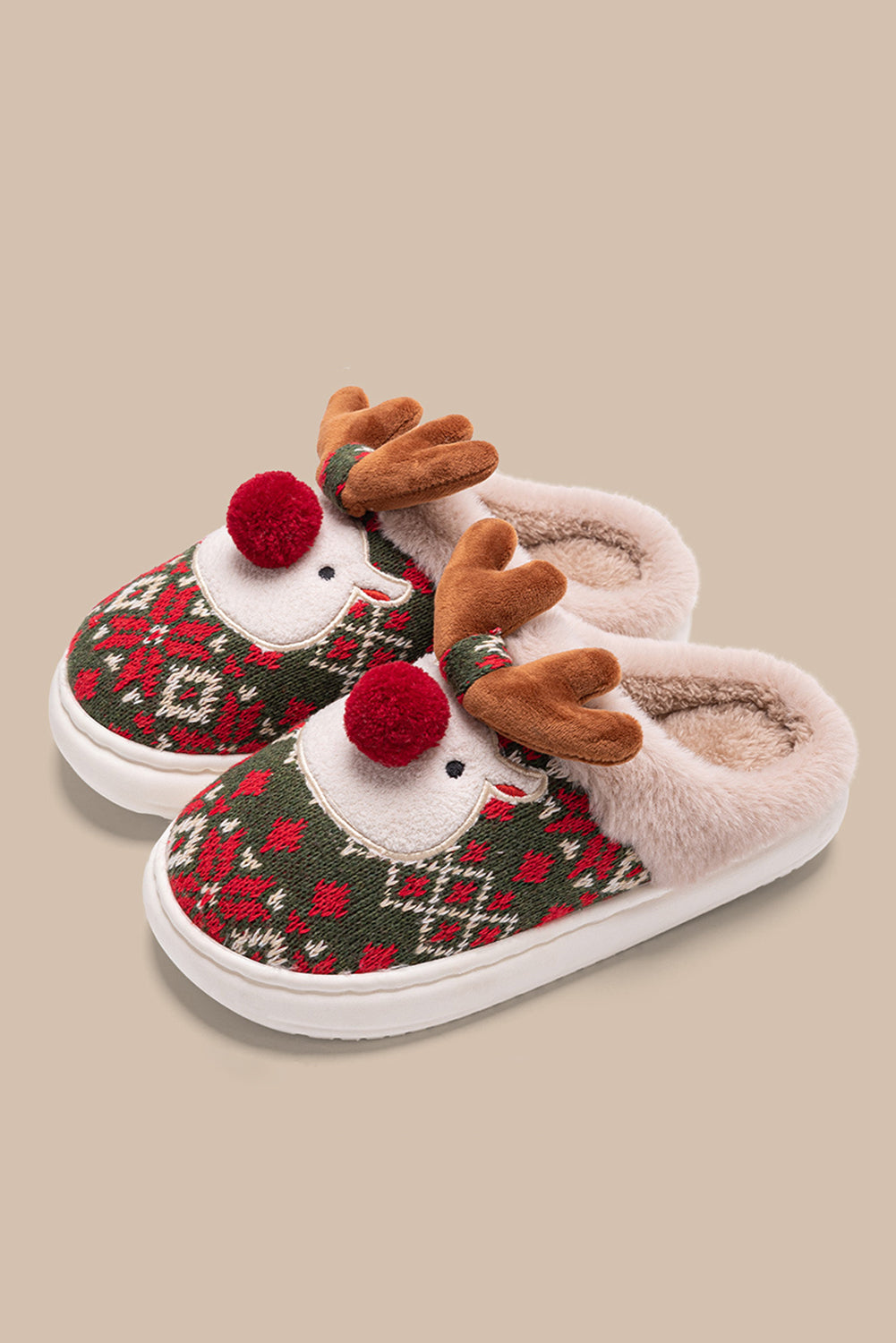 Fiery Red Christmas Cartoon Reindeer Plush Home Slippers