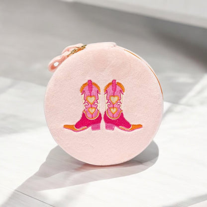 Velvet Jewelry Zip Case / Organizer - Cowgirl Boots - Pink