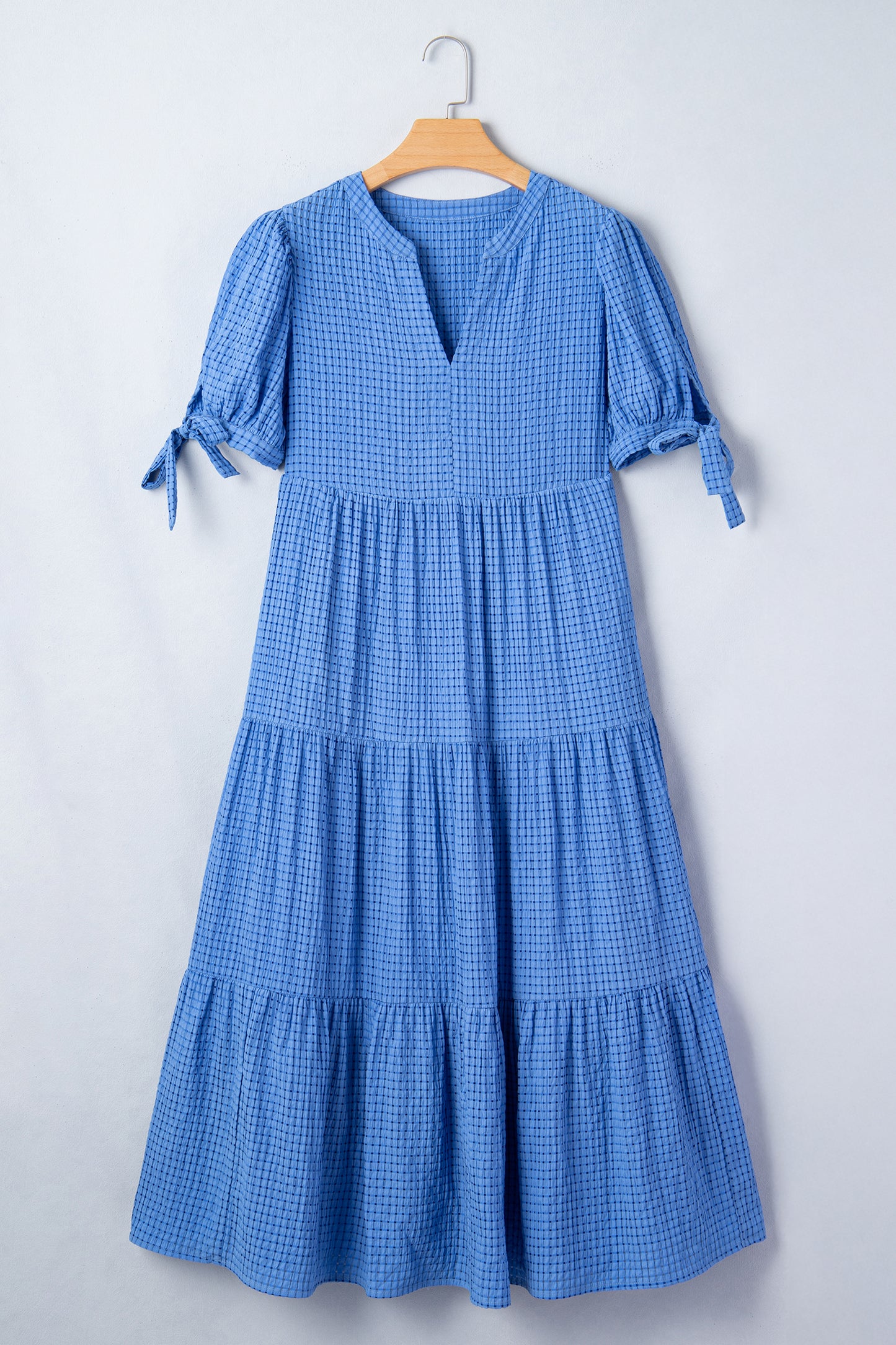 Yellow Gingham Textured Bow Tie Short Sleeve Tiered Midi Dress
