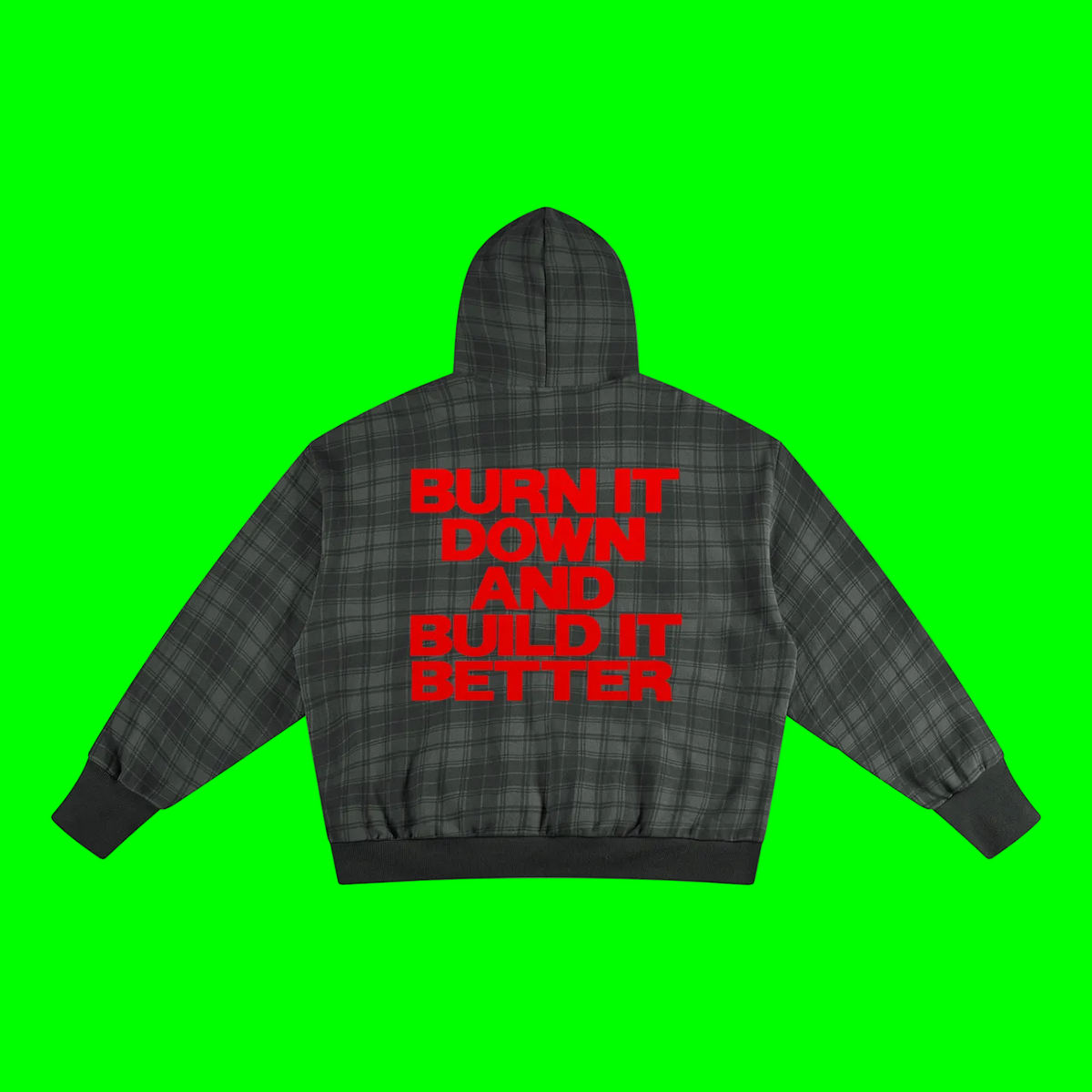 Burn it down and build it better Plaid Color Block Hoodie