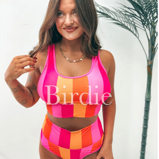 BIRDIE PREORDER Two Piece Swimsuit in Pink Lemonade Striped (Sold as Set)