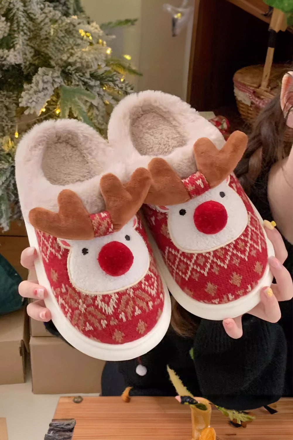 Fiery Red Christmas Cartoon Reindeer Plush Home Slippers