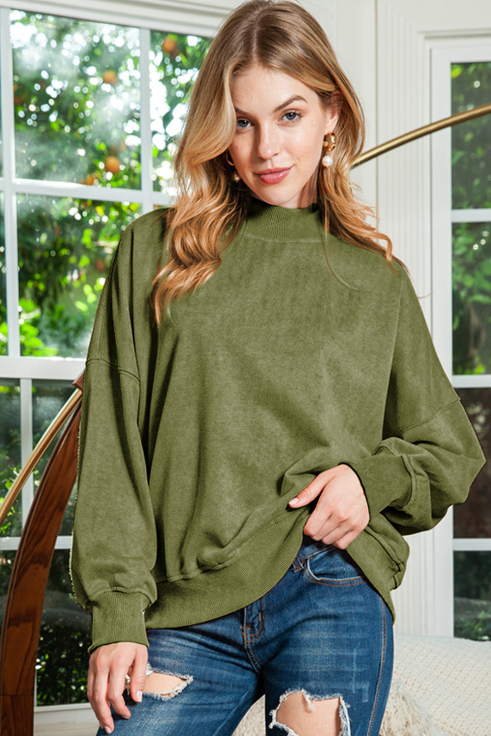 Blue Plain Drop Shoulder Crew Neck Pullover Sweatshirt