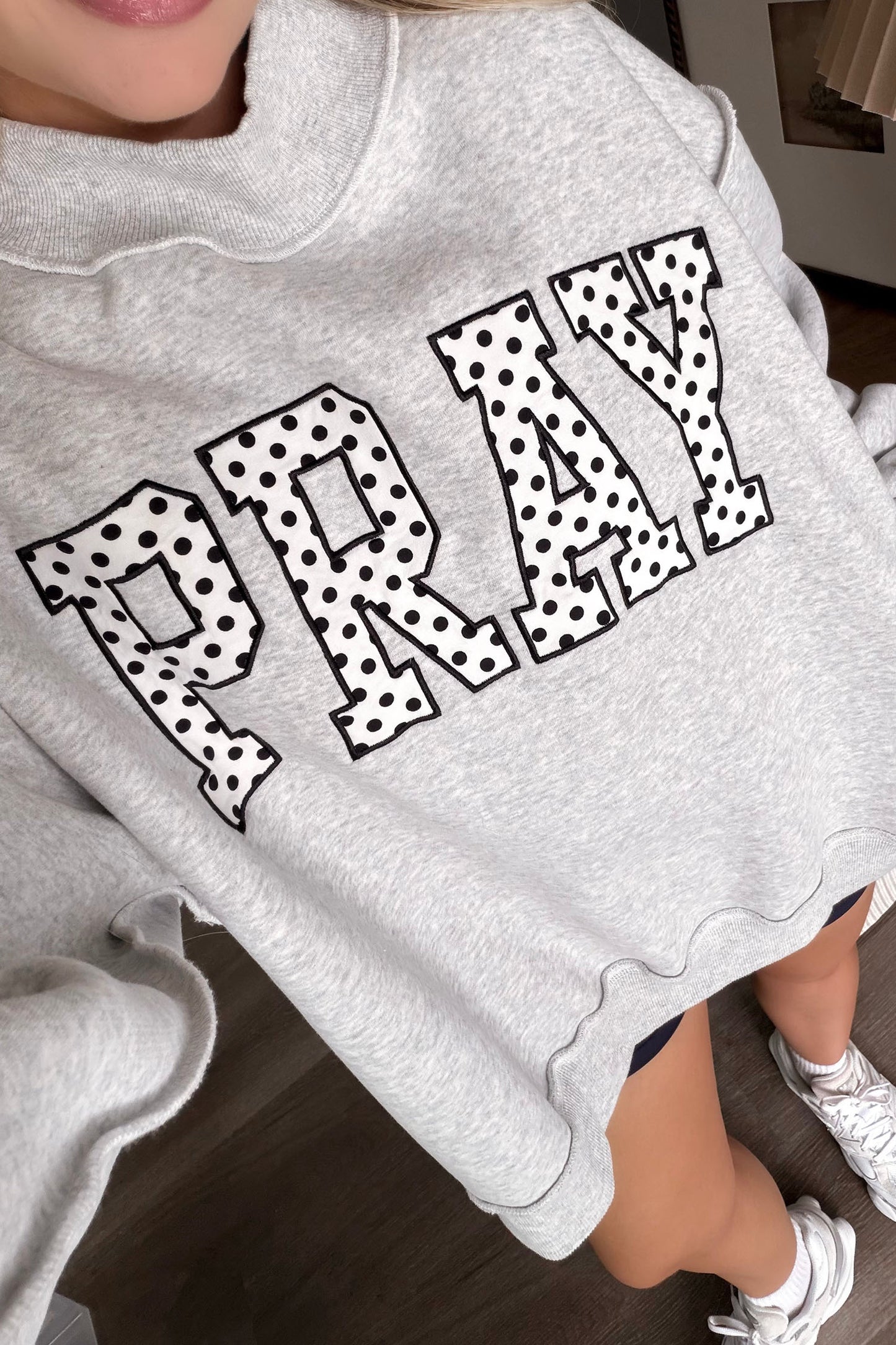 Gray PRAY Polka Dot Embroidered Mock Neck Sweatshirt