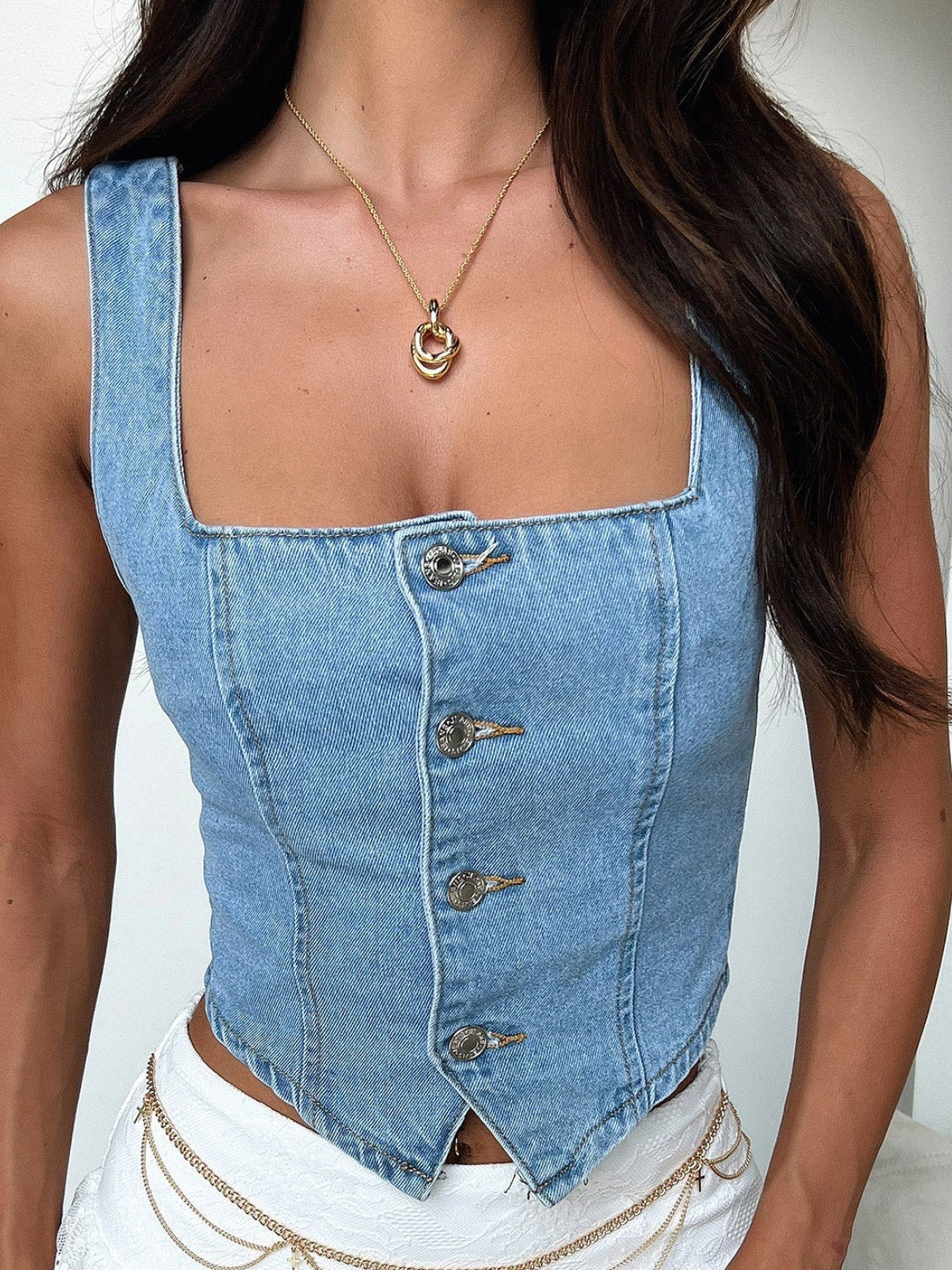 Smocked Square Neck Denim Top