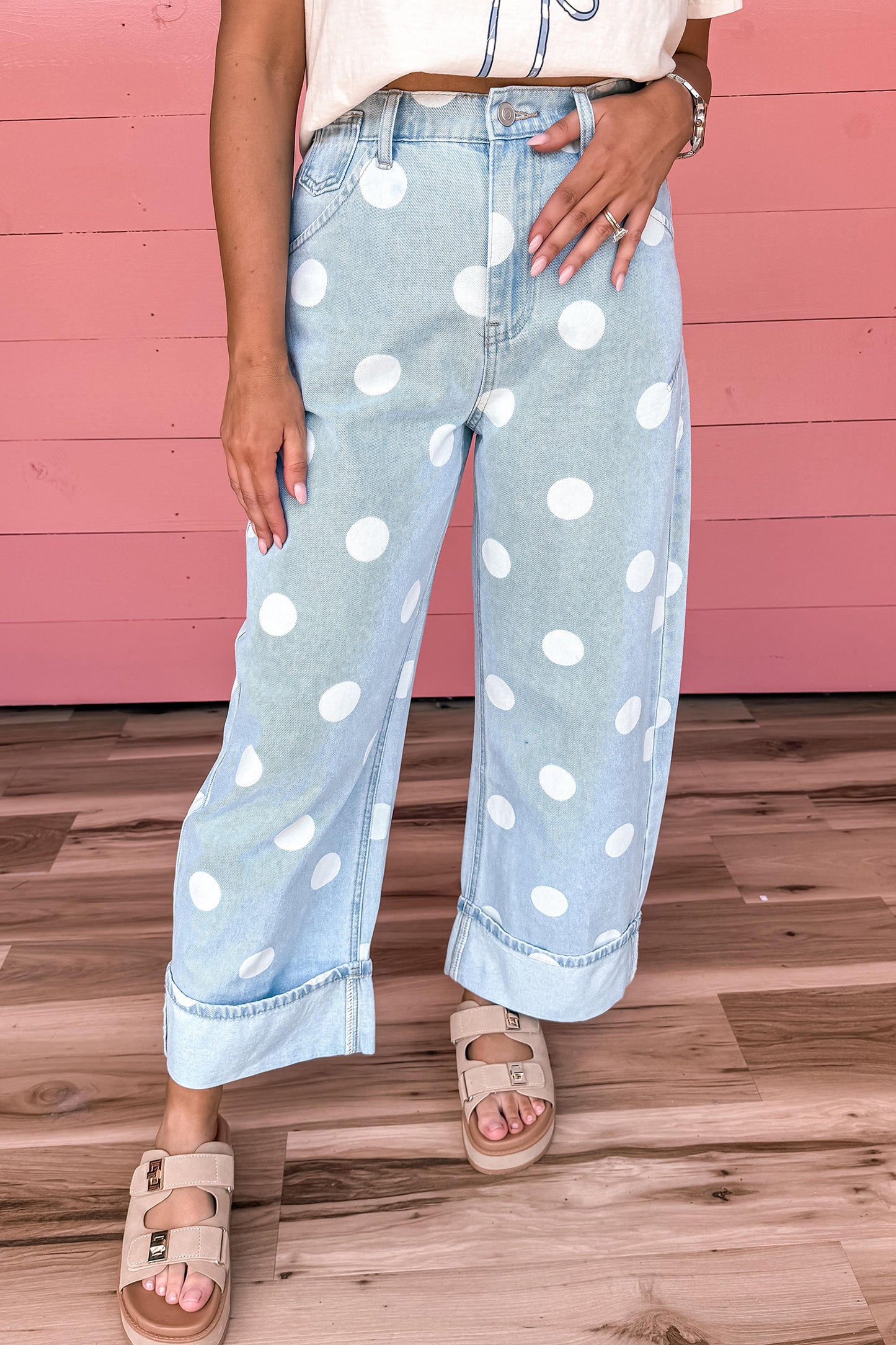 Sky Blue Polka Dot Ankle-Length Metal Button Casual Jeans