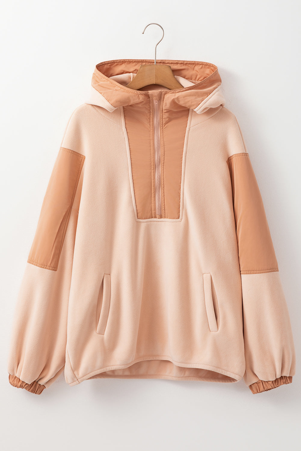 Pink Colorblock Patchwork Half Zip Oversized Sherpa Hoodie