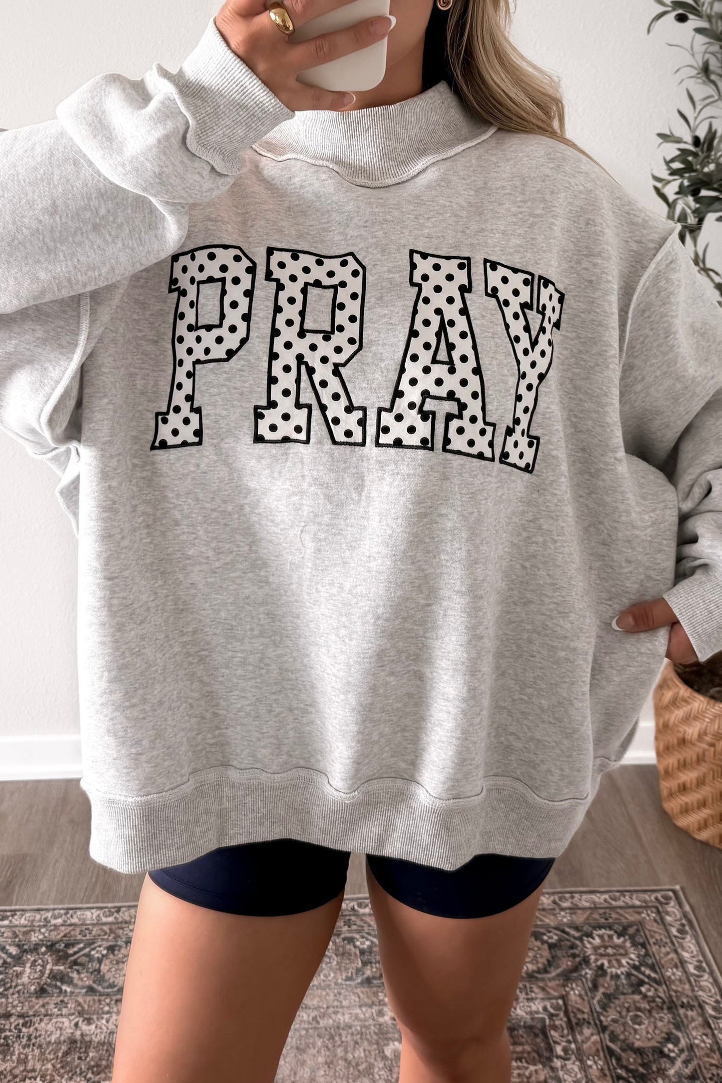 Gray PRAY Polka Dot Embroidered Mock Neck Sweatshirt