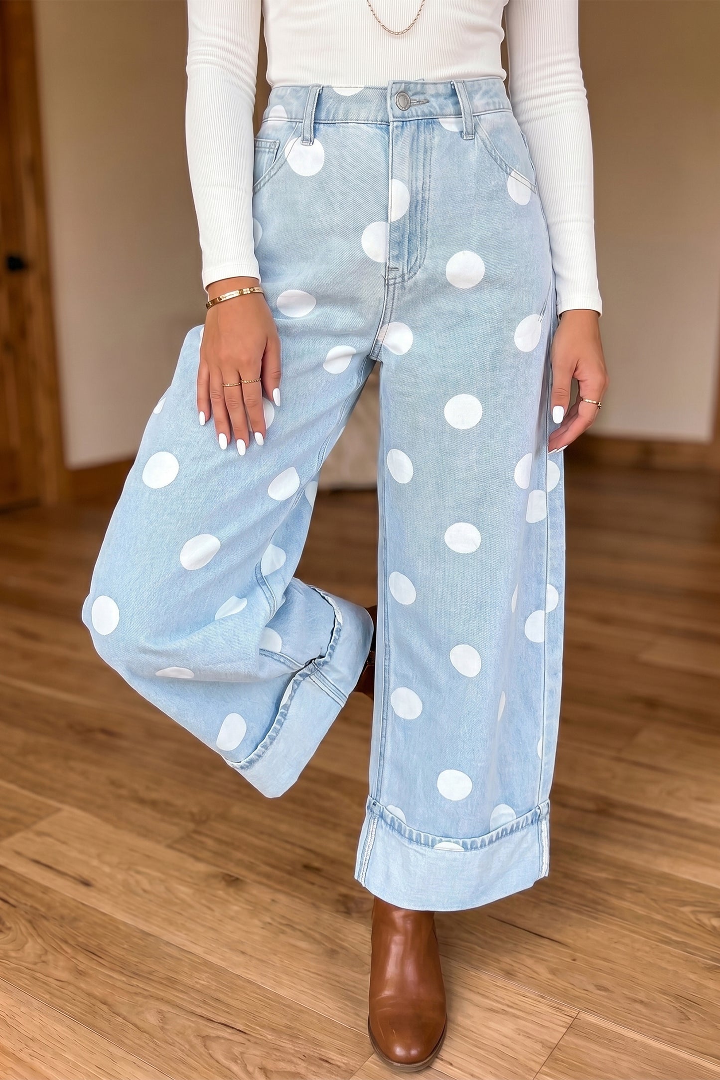 Sky Blue Polka Dot Ankle-Length Metal Button Casual Jeans