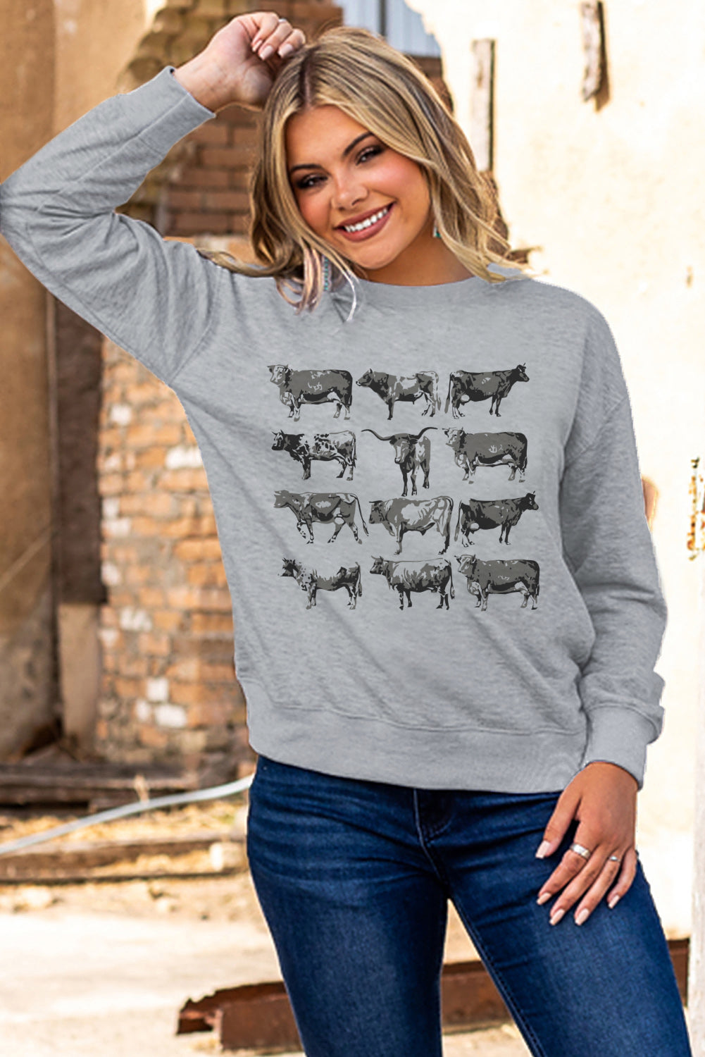 Grey Bull Print Graphic Long Sleeve Sweatshirt