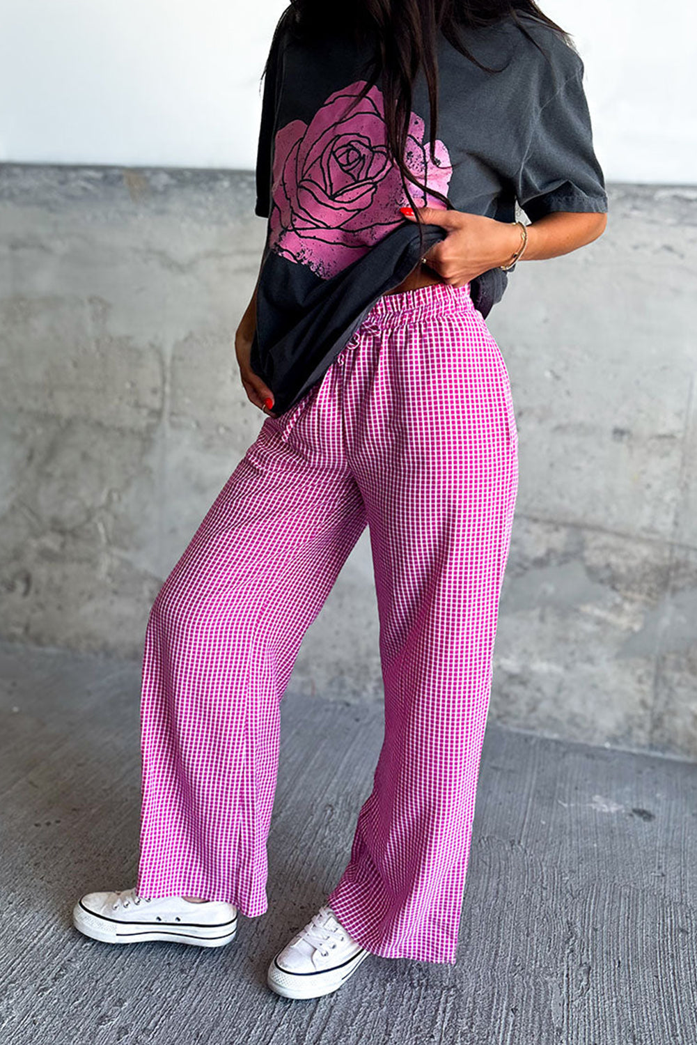 Prairie Rose Plaid Drawstring Wide-Leg Pants