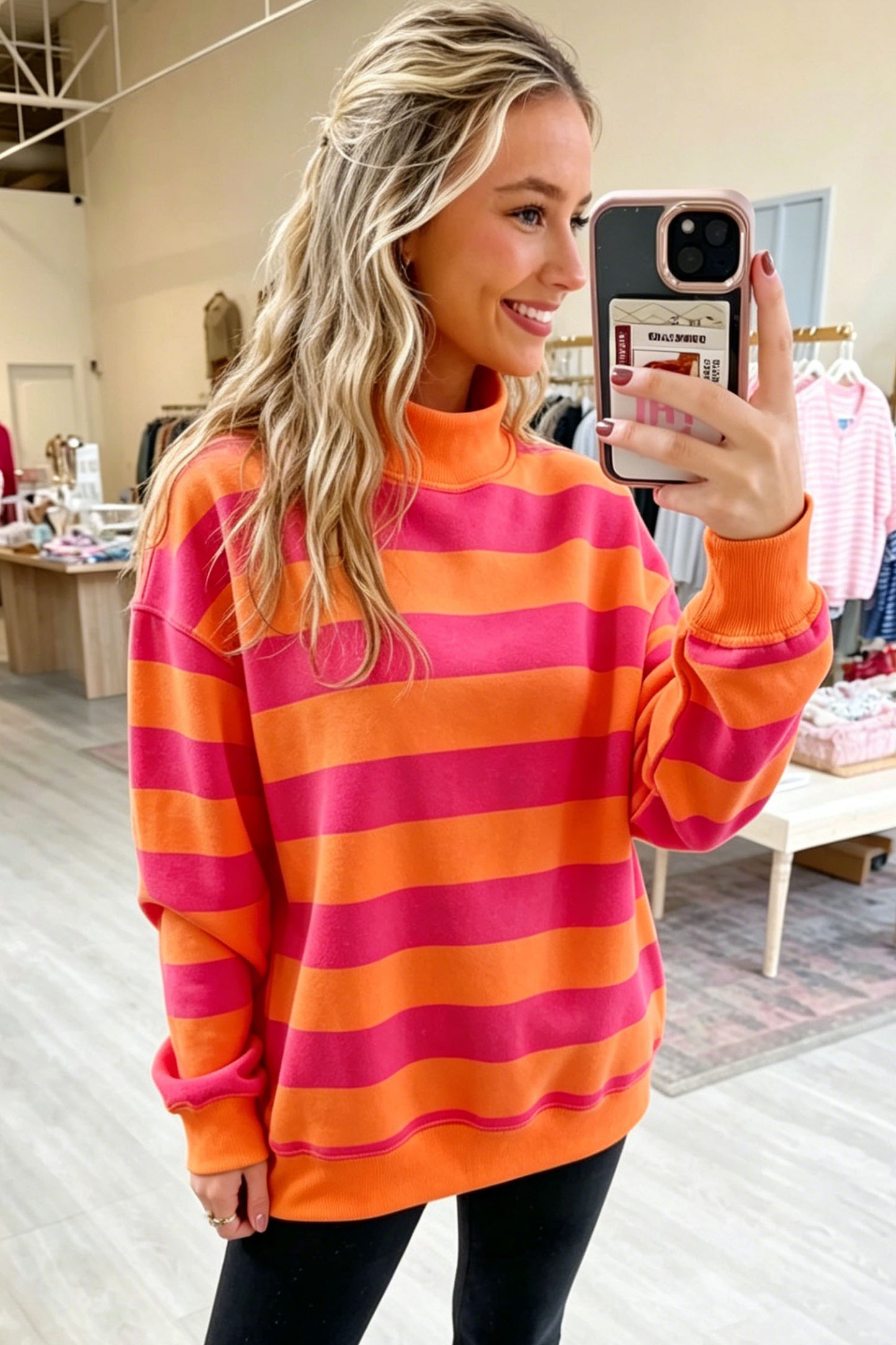 Rose Stripe Colorblock Mock Neck Relaxed Sweatshirt