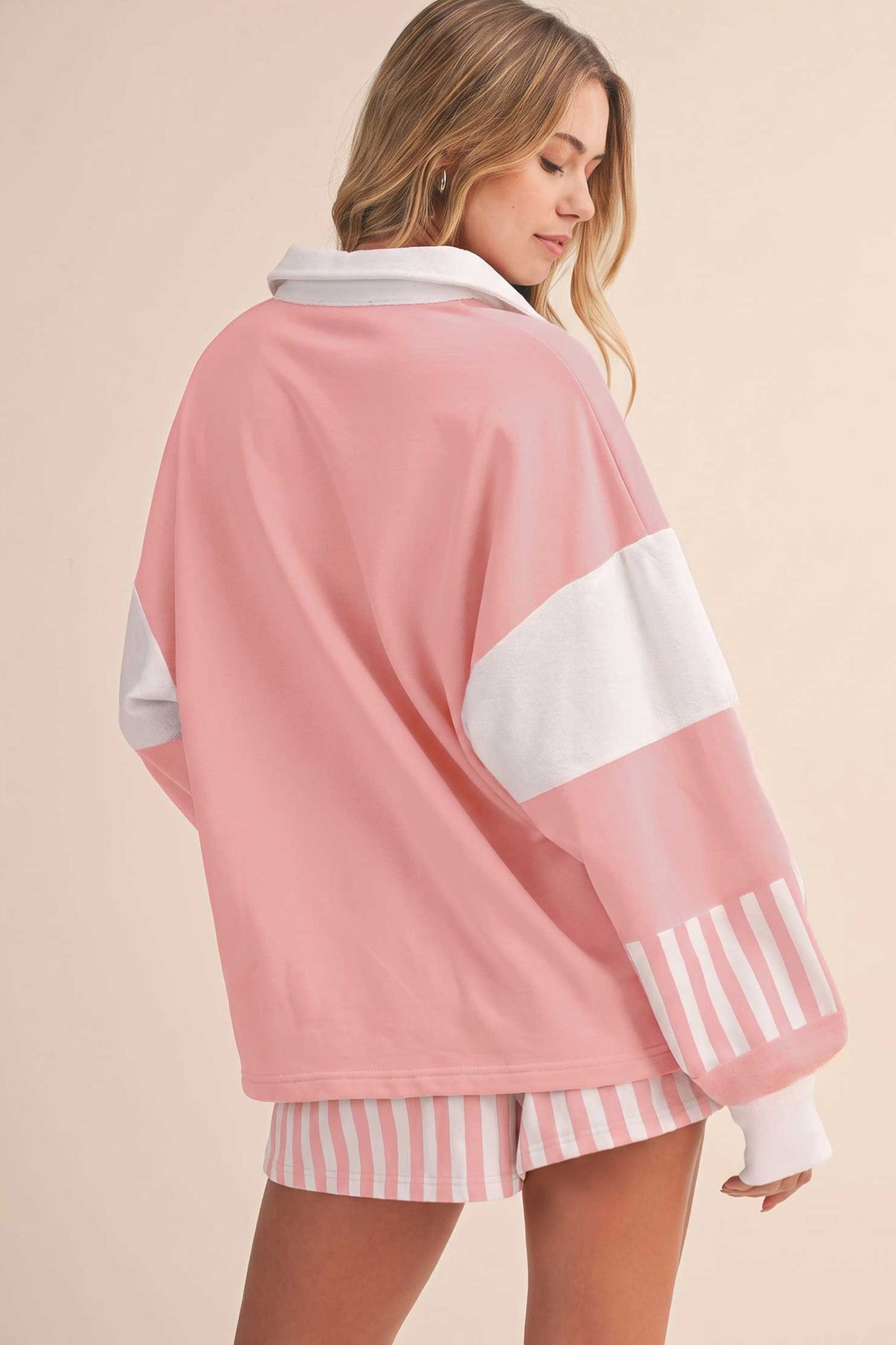 Smoke Green Striped Color Block Pullover Top Drawstring Shorts Set