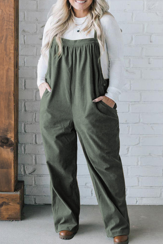 Jungle Green Plus Size Side Pockets Corduroy Overall