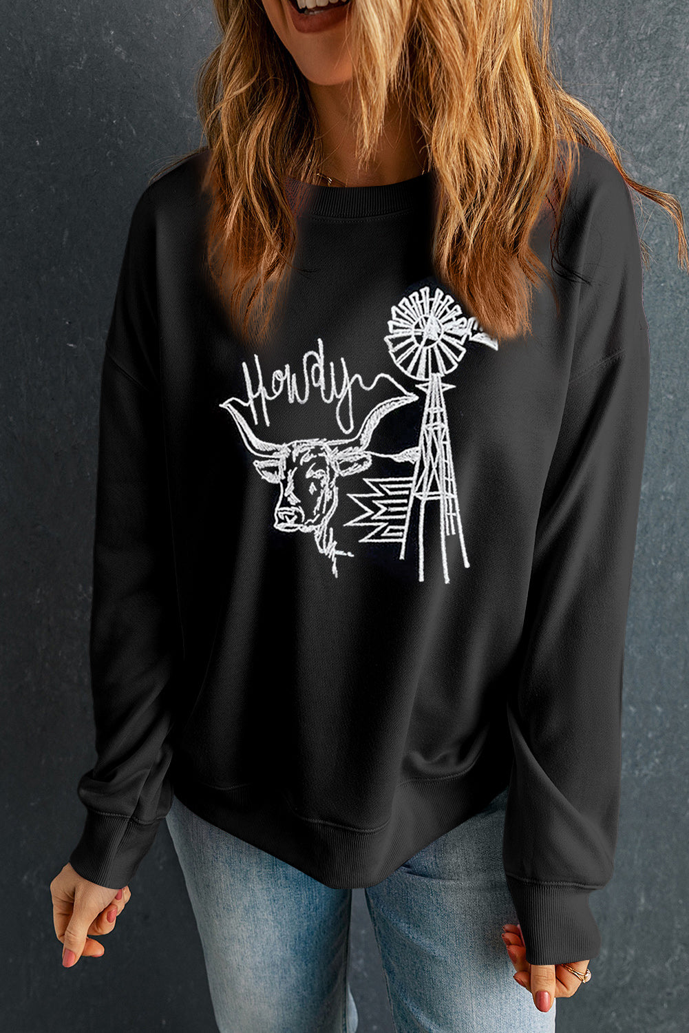 Black Embroidered Howdy Cow Graphic Crew Neck Sweatshirt