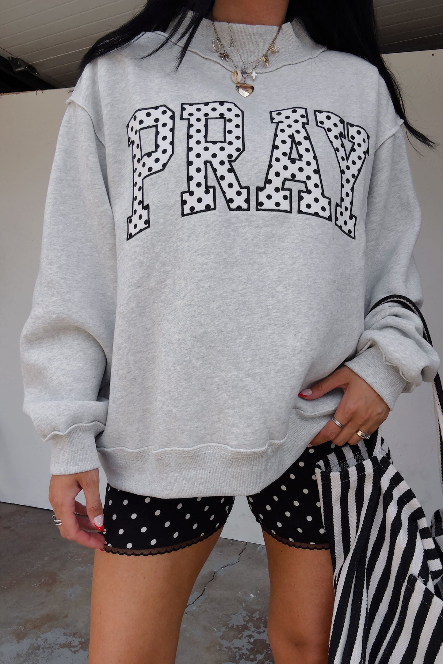 Gray PRAY Polka Dot Embroidered Mock Neck Sweatshirt