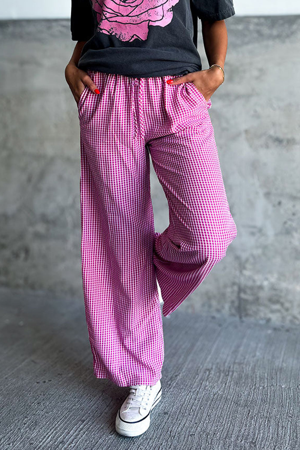 Prairie Rose Plaid Drawstring Wide-Leg Pants