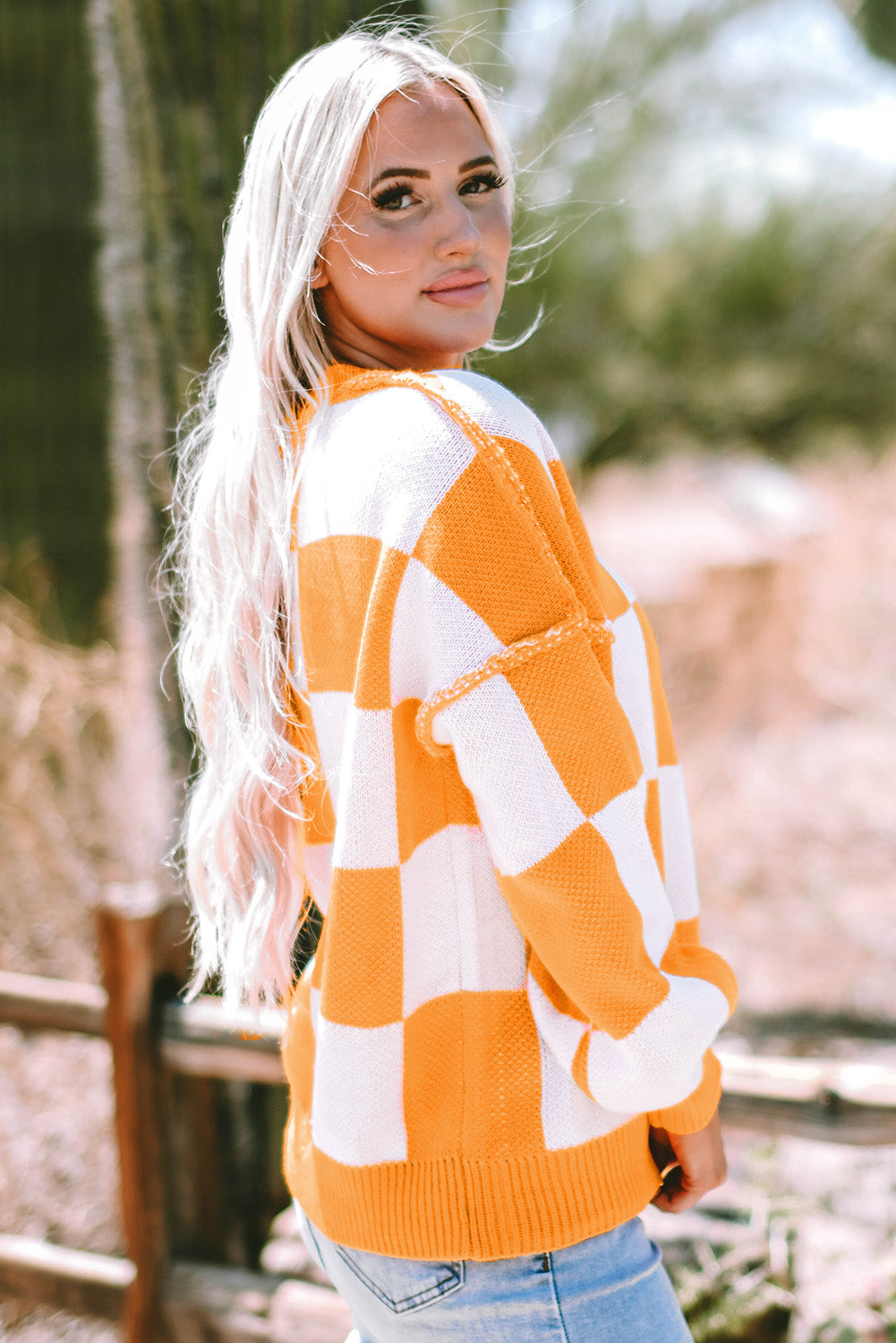 Rosy Checkered Bishop Sleeve Sweater