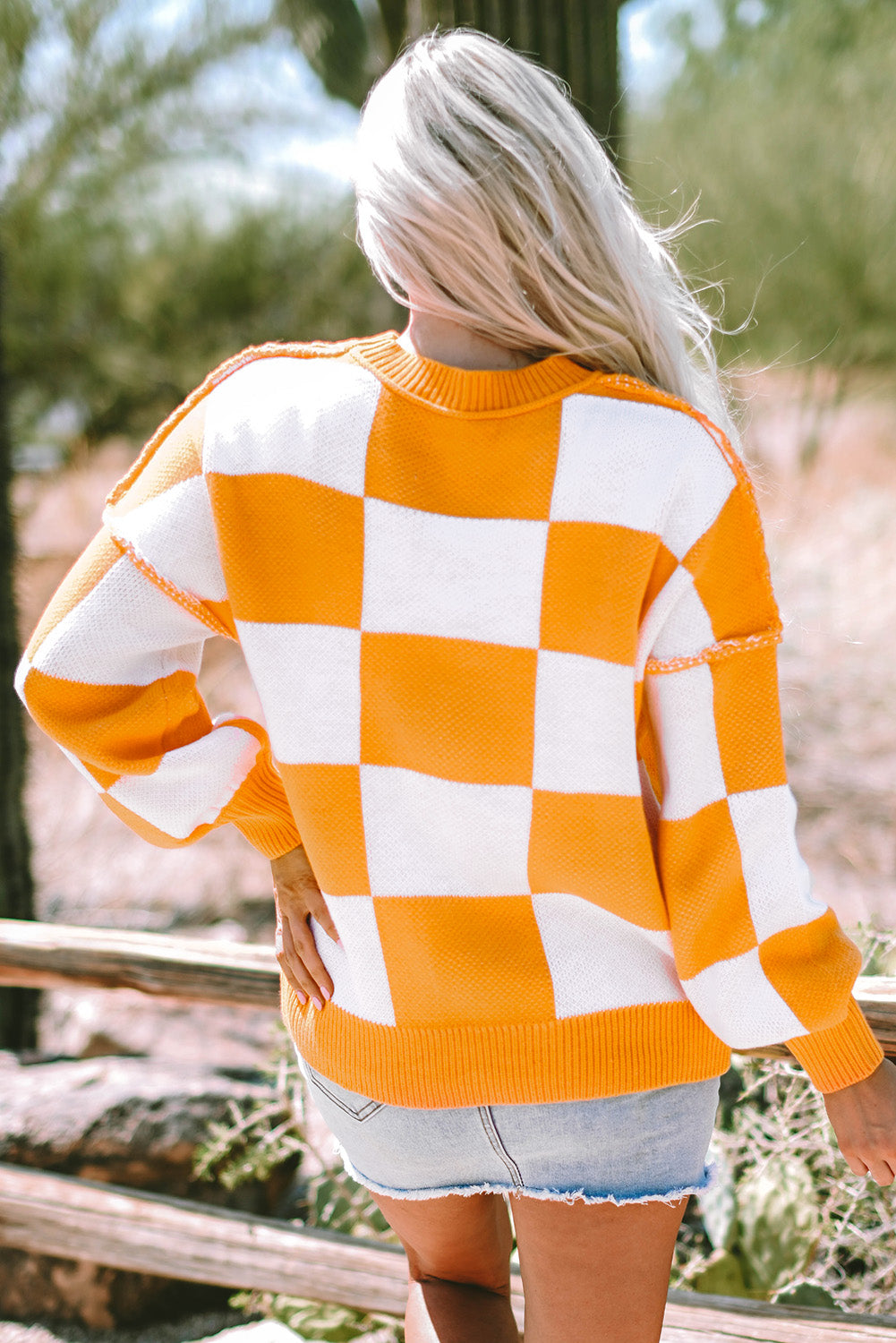 Rosy Checkered Bishop Sleeve Sweater