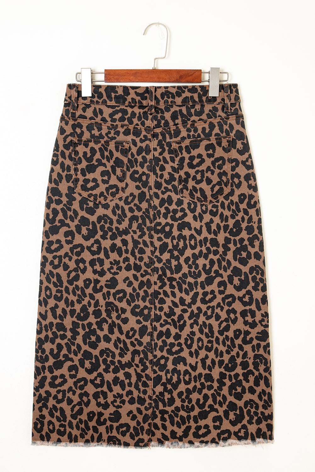 Brown Leopard Print Frayed Edge Denim Skirt Long Casual Daily Wear